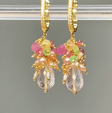 Pink Rose Quartz Briolette Multi Gemstone Cluster Earrings - Gold Filled Dangle Jewelry for Women - Perfect for Weddings, Parties & Everyday Elegance