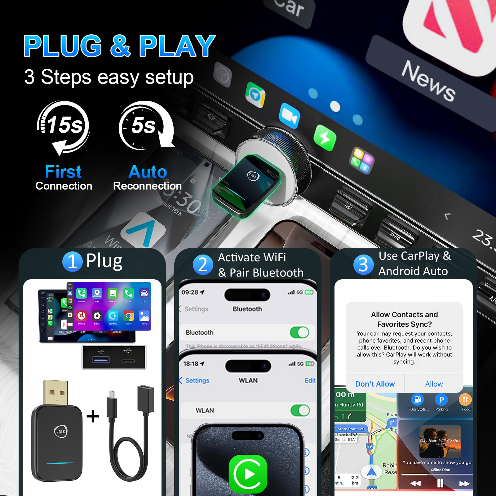 2 in 1 Wireless CarPlay & Android Auto Adapter - 2025 Mini Upgrade Plug & Play for iPhone & Android - Convert Wired to Wireless CarPlay - Auto Connect for Cars 2016+ - Perfect for Commuting & Road Trips