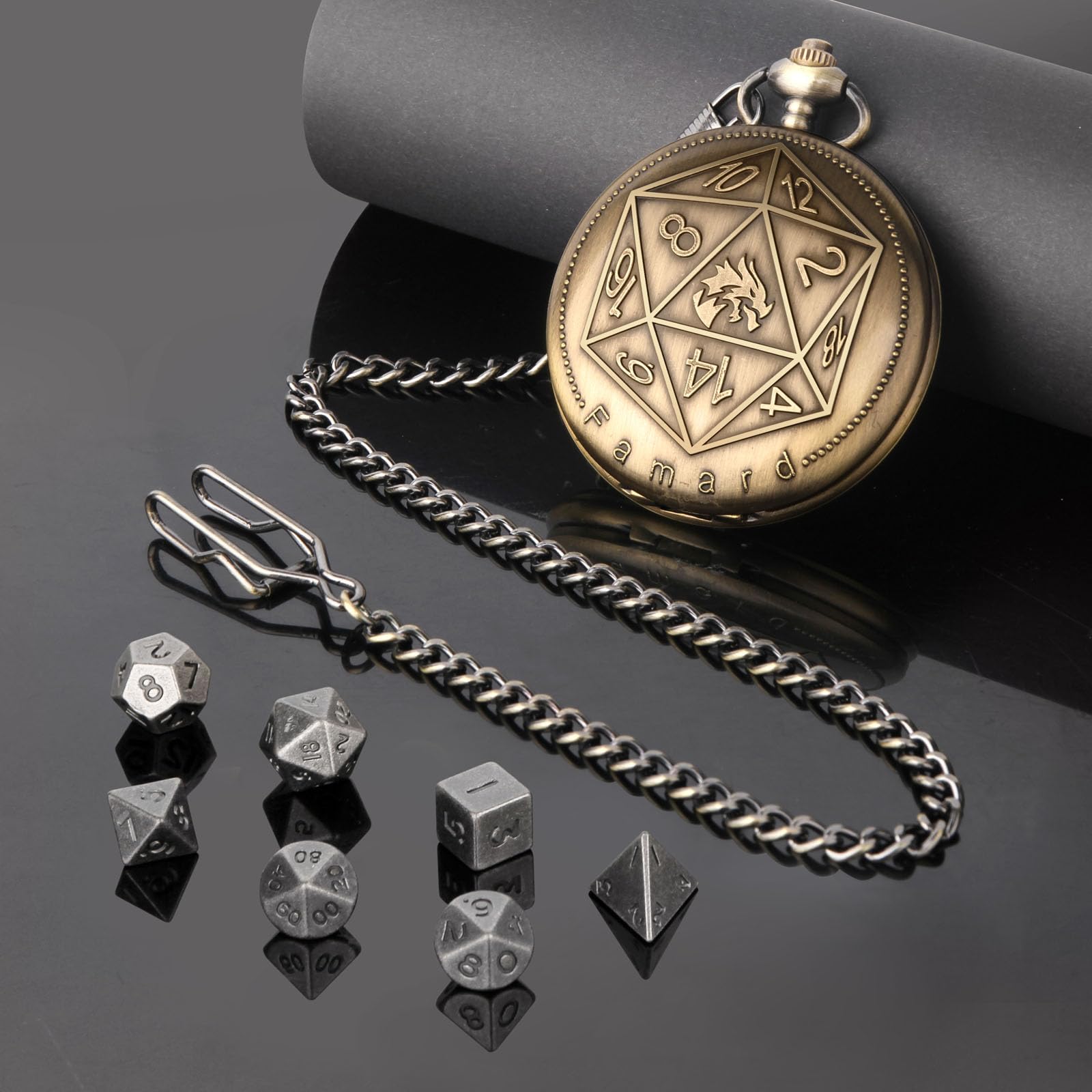 10mm Tiny DND Dice Set with Vintage Pocket Watch Shell Case - Polyhedral Metal D&D Dice for Dungeons & Dragons, RPG, MTG, Tabletop Role Playing Games - Perfect for Gifts, Travel & Game Nights