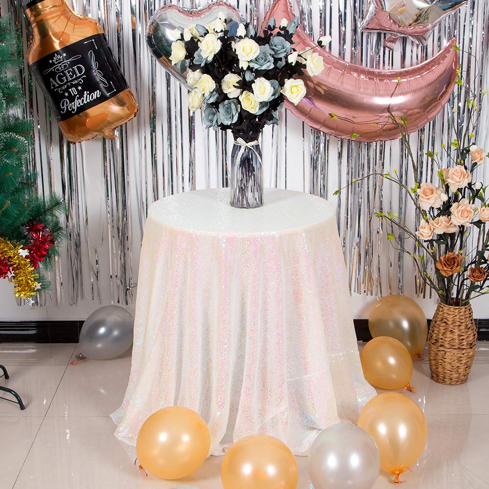 Sparkly White Iridescent Sequin Round Tablecloth 70