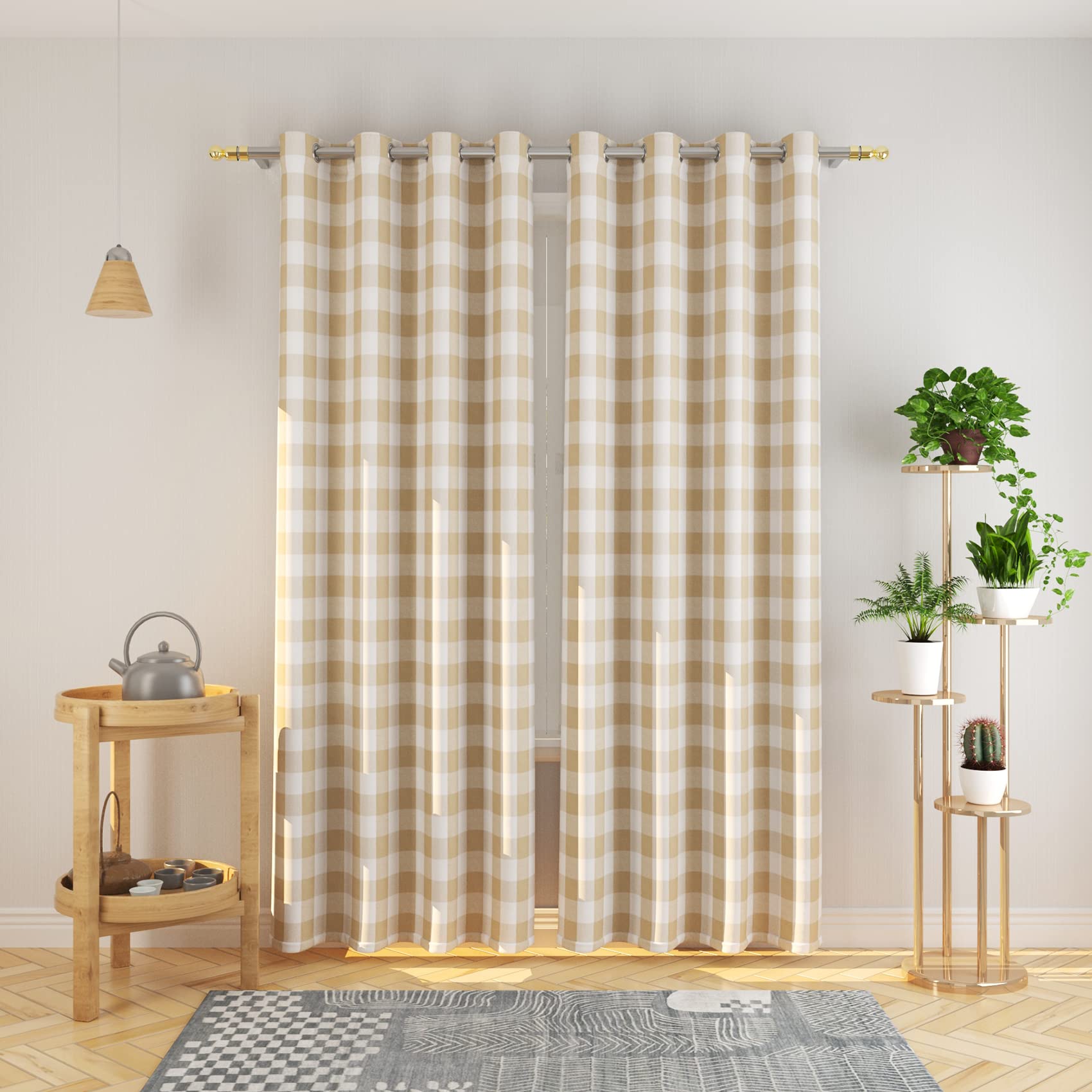 Buffalo Check Curtains 84 Inch - Beige & White Gingham Plaid Window Drapes with Grommet Top (Set of 2 Panels) for Kitchen, Living Room, Bedroom & Basement - Blackout Thermal Insulated Window Treatments for Privacy & Light Control