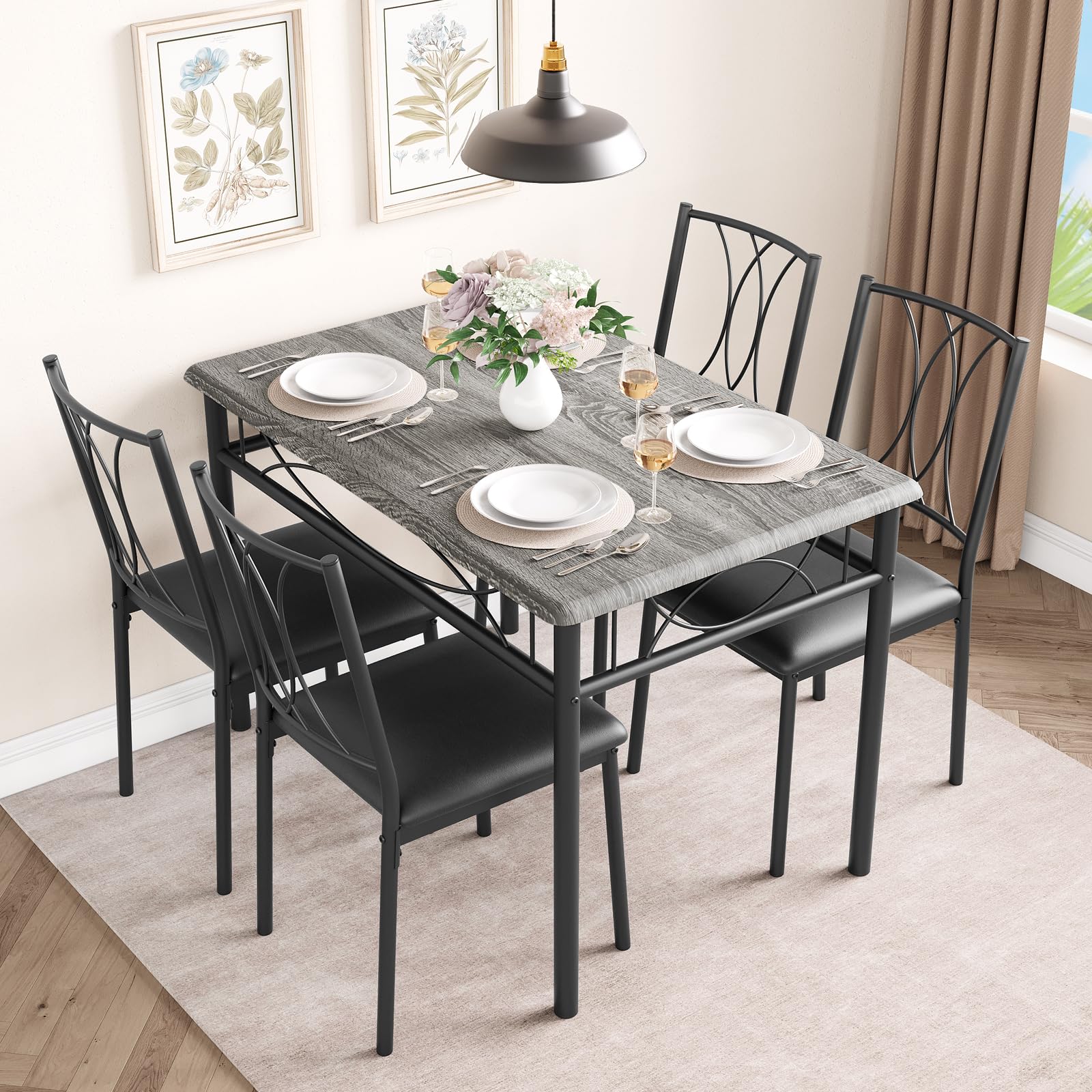 CABIHOME 5-Piece Dining Table Set with 4 Upholstered Chairs - Modern Rectangle Kitchen Table for Small Spaces & Apartments - Retro Gray Finish - Ideal for Breakfast Nooks, Compact Dining Rooms & Cozy Kitchen Areas