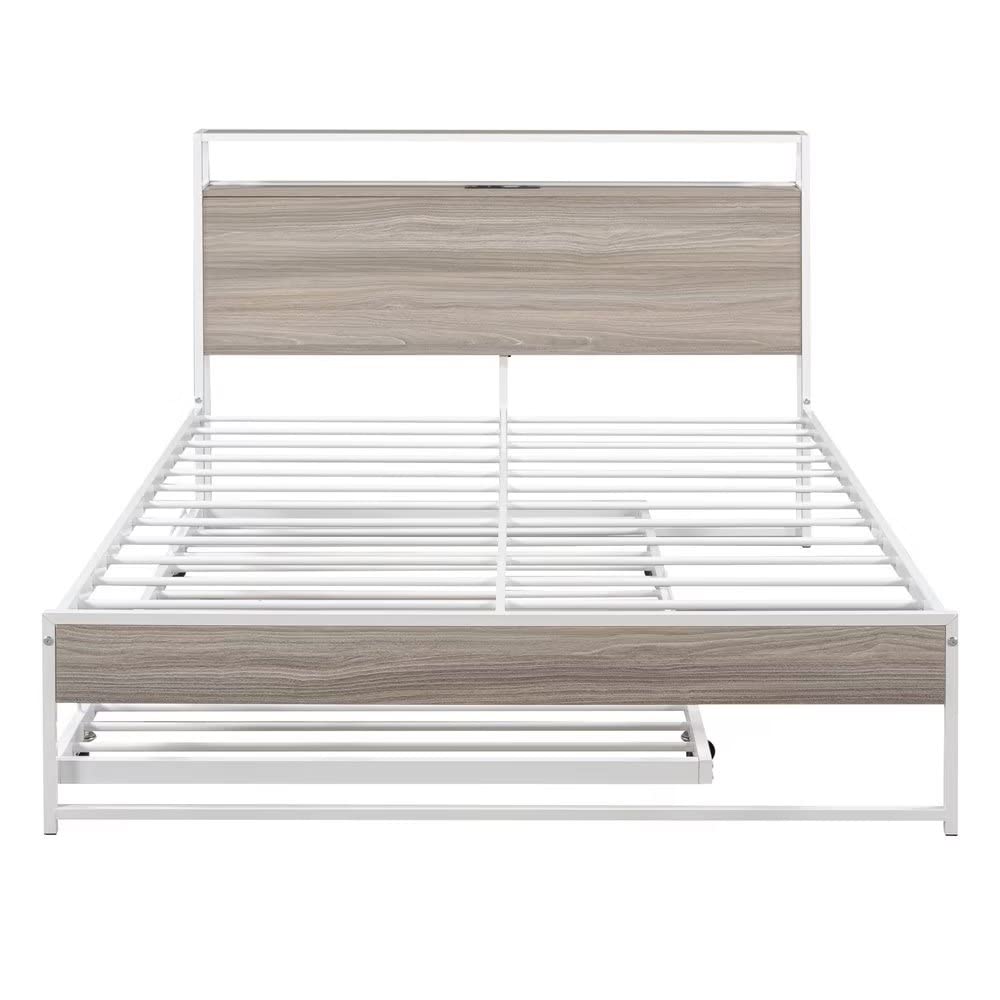 Full Size Metal Bed Frame with Trundle - Modern Platform Bed with USB Charging Ports & Headboard - Space Saving Design for Teens, Kids & Adults - No Box Spring Needed - White - Perfect for Small Bedrooms, Guest Rooms & Dormitories