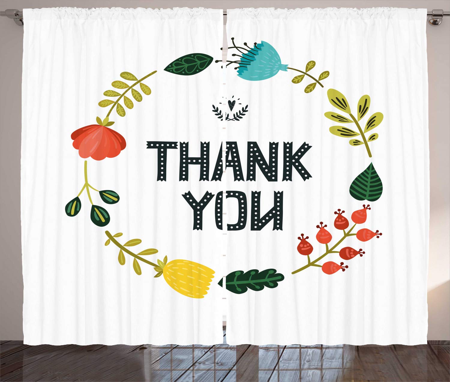 Ambesonne Thank You Curtains - Floral Leaf Wreath & Dotted Typography Window Drapes, 2 Panel Set for Living Room & Bedroom, 108