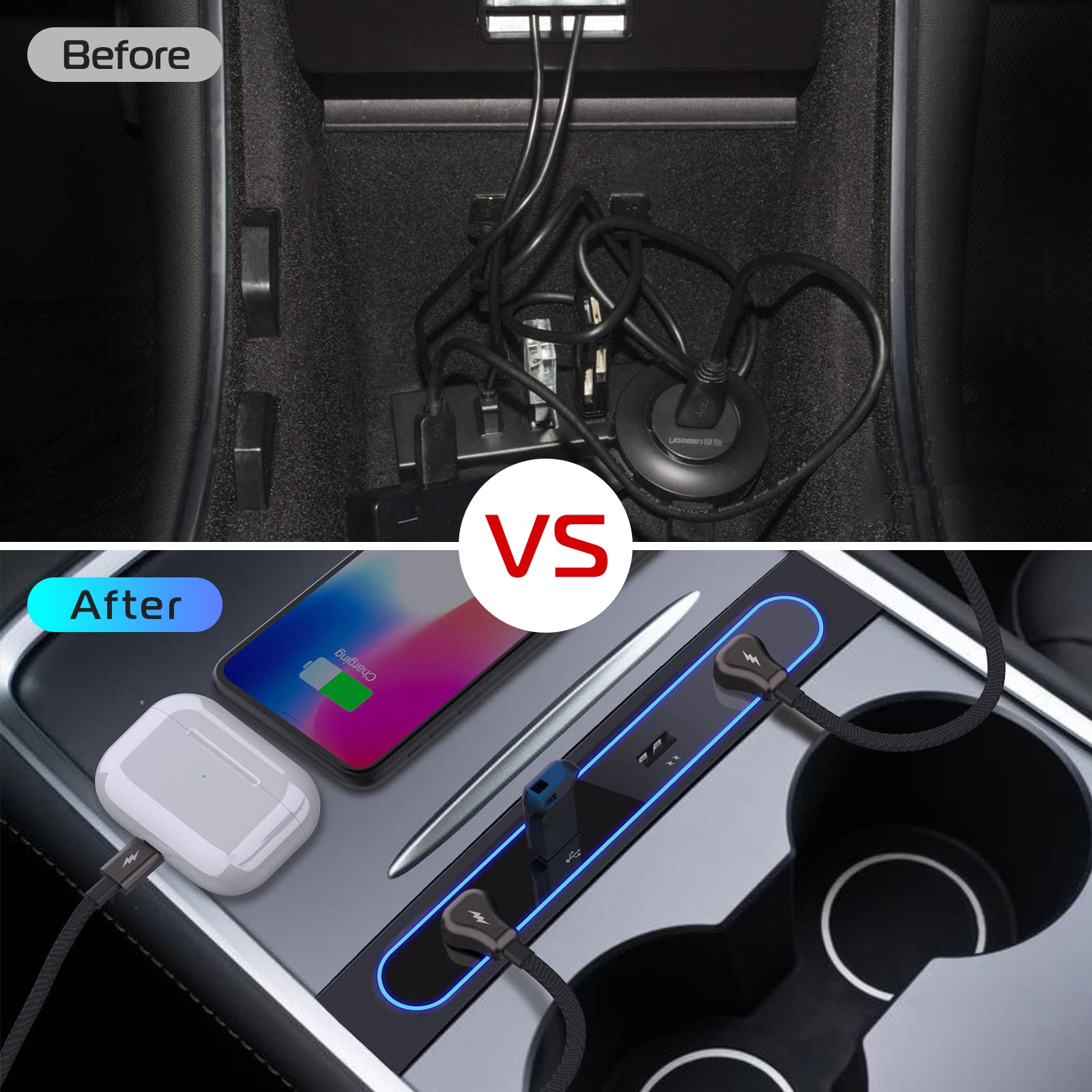 Tesla Model 3/Y USB Charger Hub - Multi Port Car Adapter with Blue LED | Perfect Fit for Center Console | Fast Phone Charging on Road Trips