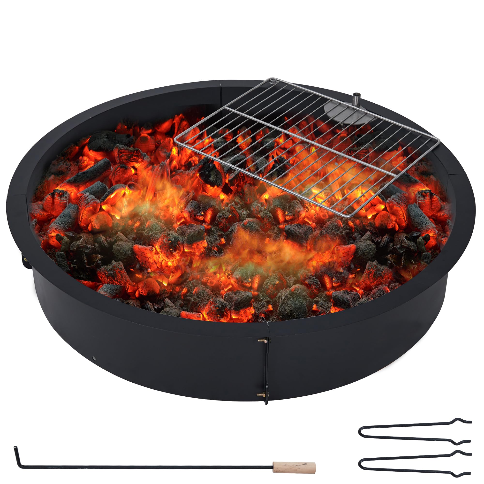 36 Inch Heavy Duty Steel Fire Pit Ring Insert - Outdoor Fire Pit Liner with Cooking Grate for Wood Burning | DIY Camping, Patio, Backyard & Garden Use | Perfect for Roasting Marshmallows, Bonfires & Outdoor Cooking