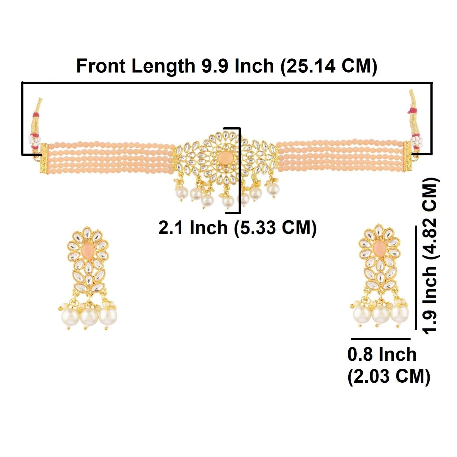 Elegant Faux Pearl & Kundan Crystal Bridal Jewelry Set - Peach Color Multi-Layered Choker Necklace & Dangle Earrings for Women | Indian Wedding, Party & Special Occasion Accessories
