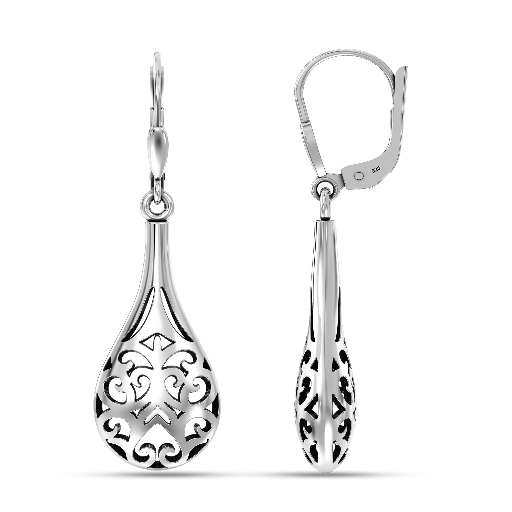 LeCalla 925 Sterling Silver Filigree Dangle Drop Leverback Earrings for Women | Hypoallergenic Tear Drop Earrings Jewelry | Perfect for Weddings, Parties & Special Occasions