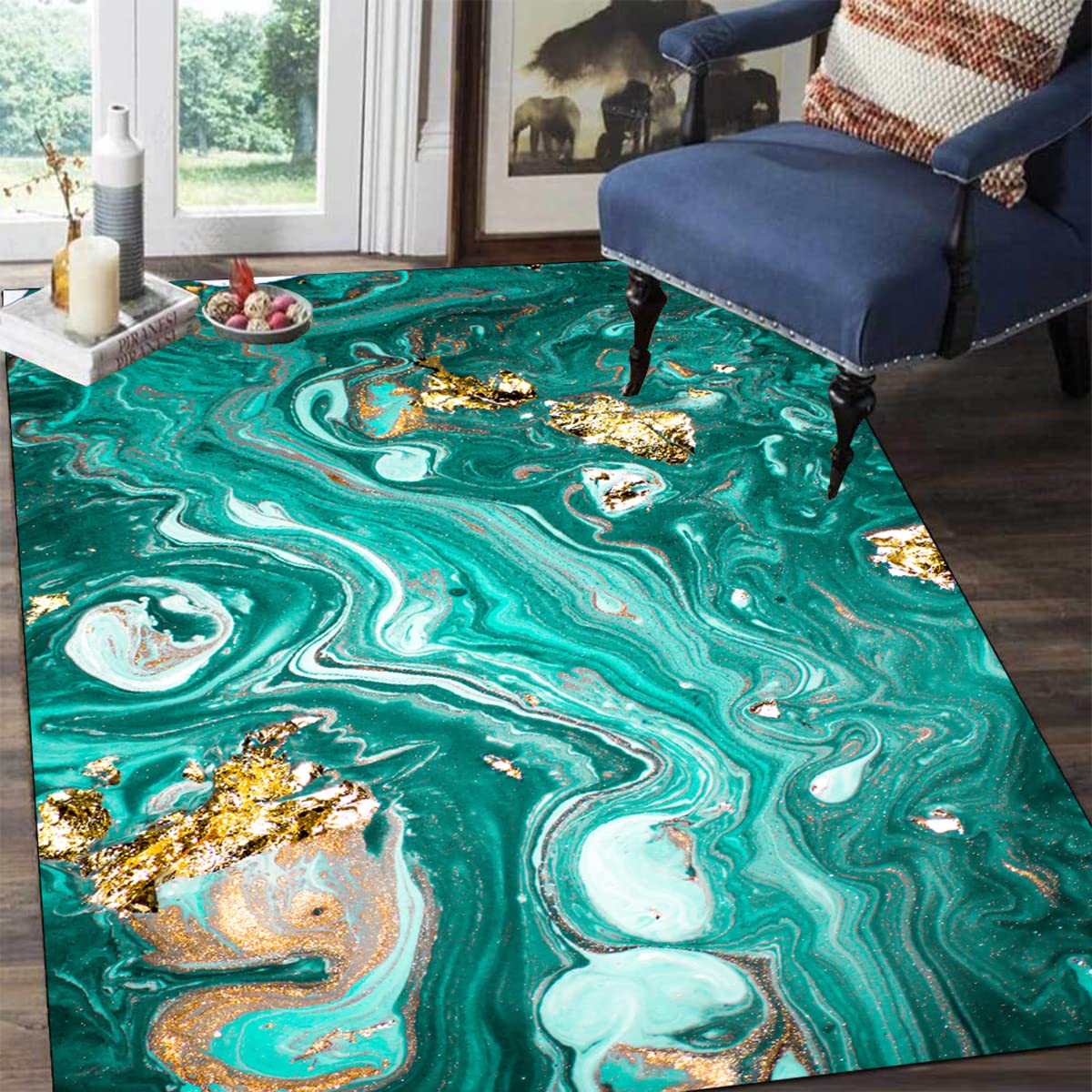 Dark Blue Gold Liquid Abstract Washable Area Rug 5x7 ft - Soft Non-Shedding Modern Carpet for Living Room, Bedroom, Dining Room | Indoor Outdoor Non-Slip Floor Mat | Perfect for Home Decor, Office Spaces & High Traffic Areas