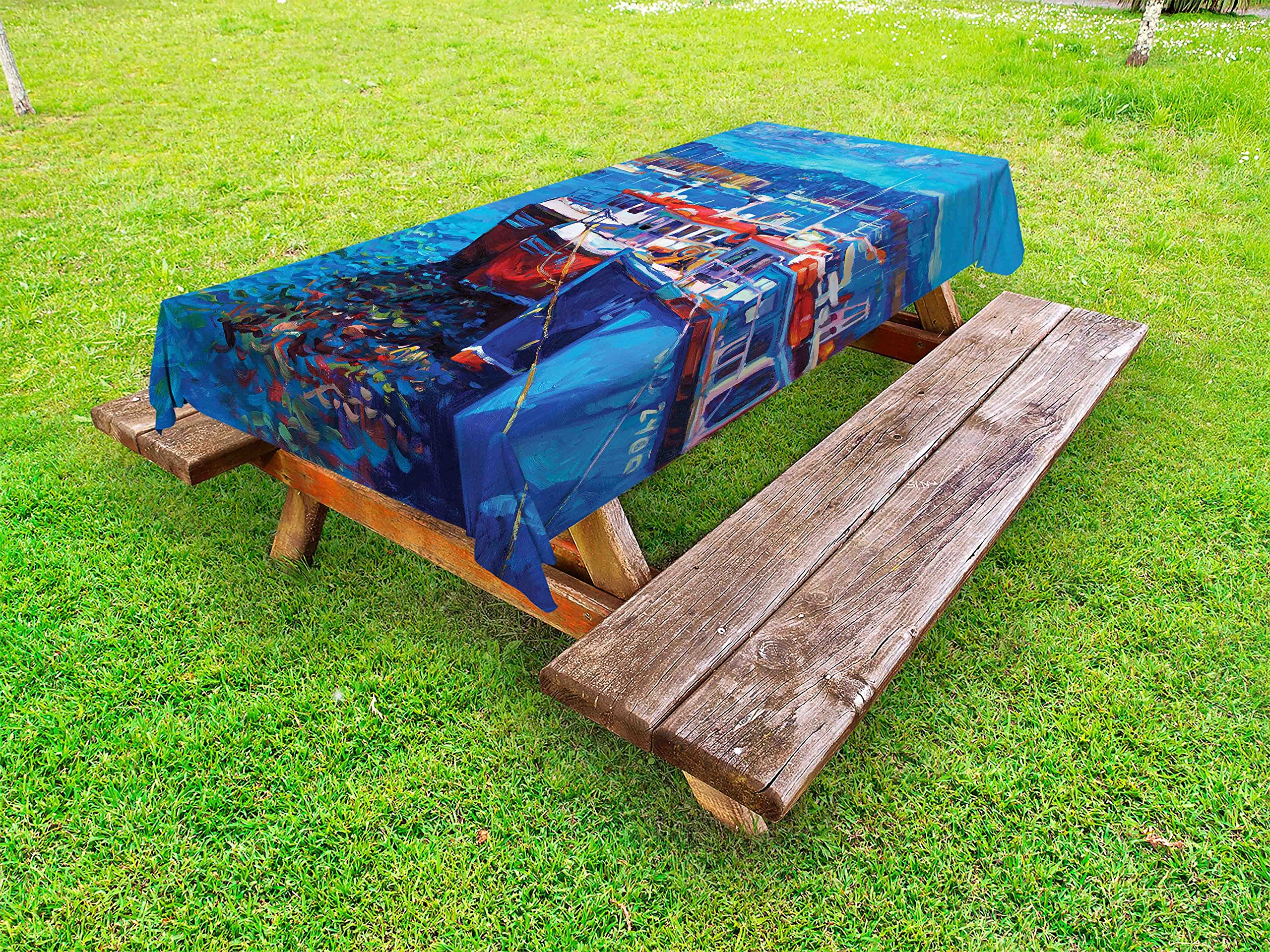 Ambesonne Waterproof Outdoor Tablecloth - Sailboat & Harbor Coastal Design, 58x120 Inch Washable Picnic Table Cover for Beach Parties, Backyard BBQs & Camping - Navy Red Fishing Village Art Decor