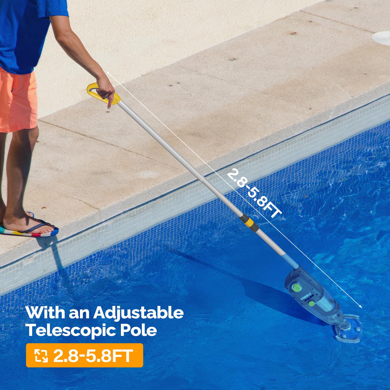 VINGLI Cordless Rechargeable Handheld Pool Vacuum Cleaner - Ideal for Above Ground & In Ground Pools, Hot Tubs, Spas - Lightweight Portable Design (Yellow & Grey) | Perfect for Quick Pool Maintenance, Backyard Cleaning & Water Feature Care