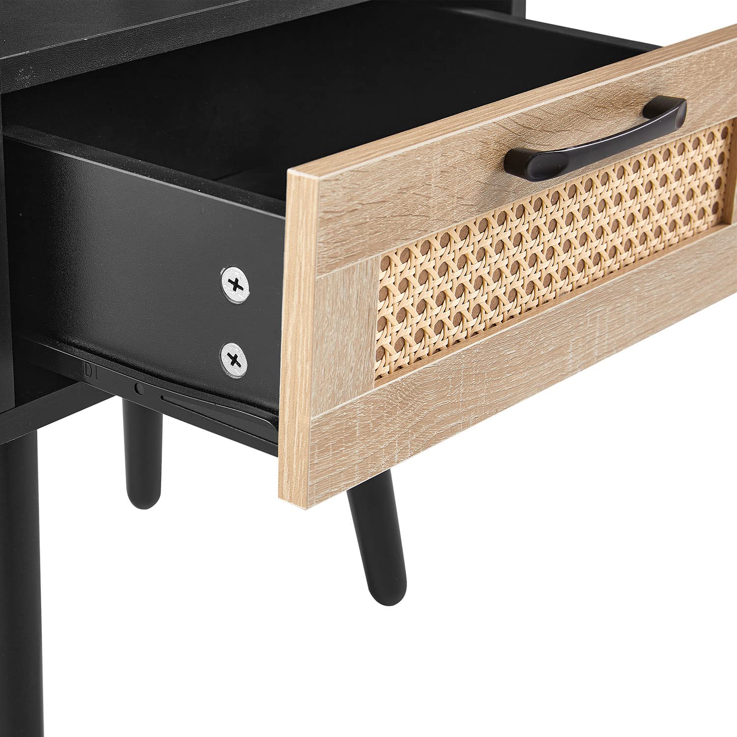 2-Piece Rattan Nightstand Set with Drawer - Boho Bedside Table with Solid Wood Legs & Open Shelf - Modern End Table for Bedroom, Living Room (Black) - Perfect for Small Spaces & Apartment Decor