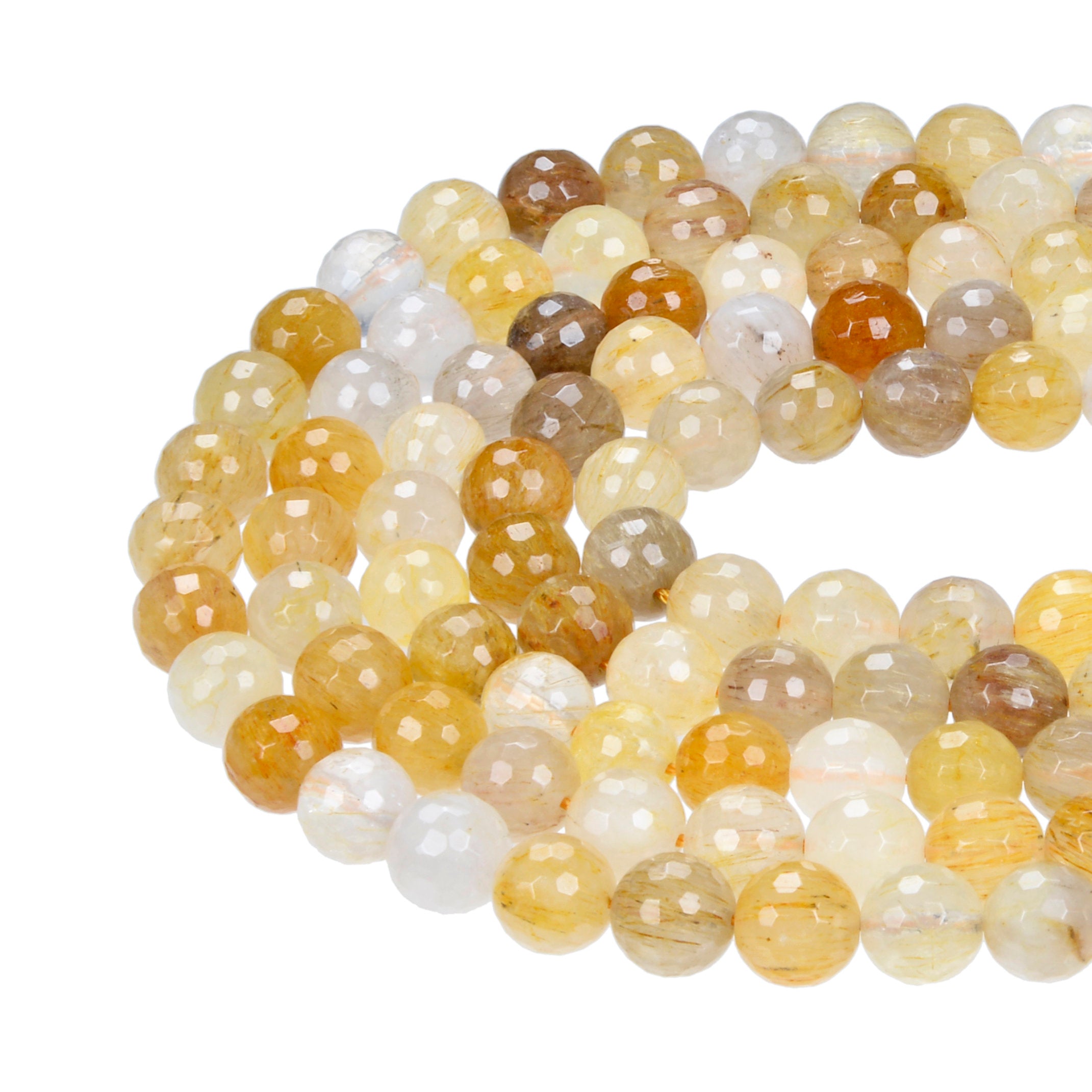 Golden Rutilated Quartz Faceted Round Beads 4mm 6mm 8mm 10mm 15.5 Inch Strand - Natural Gemstone Beads for Jewelry Making, DIY Bracelets, Necklaces & Craft Projects