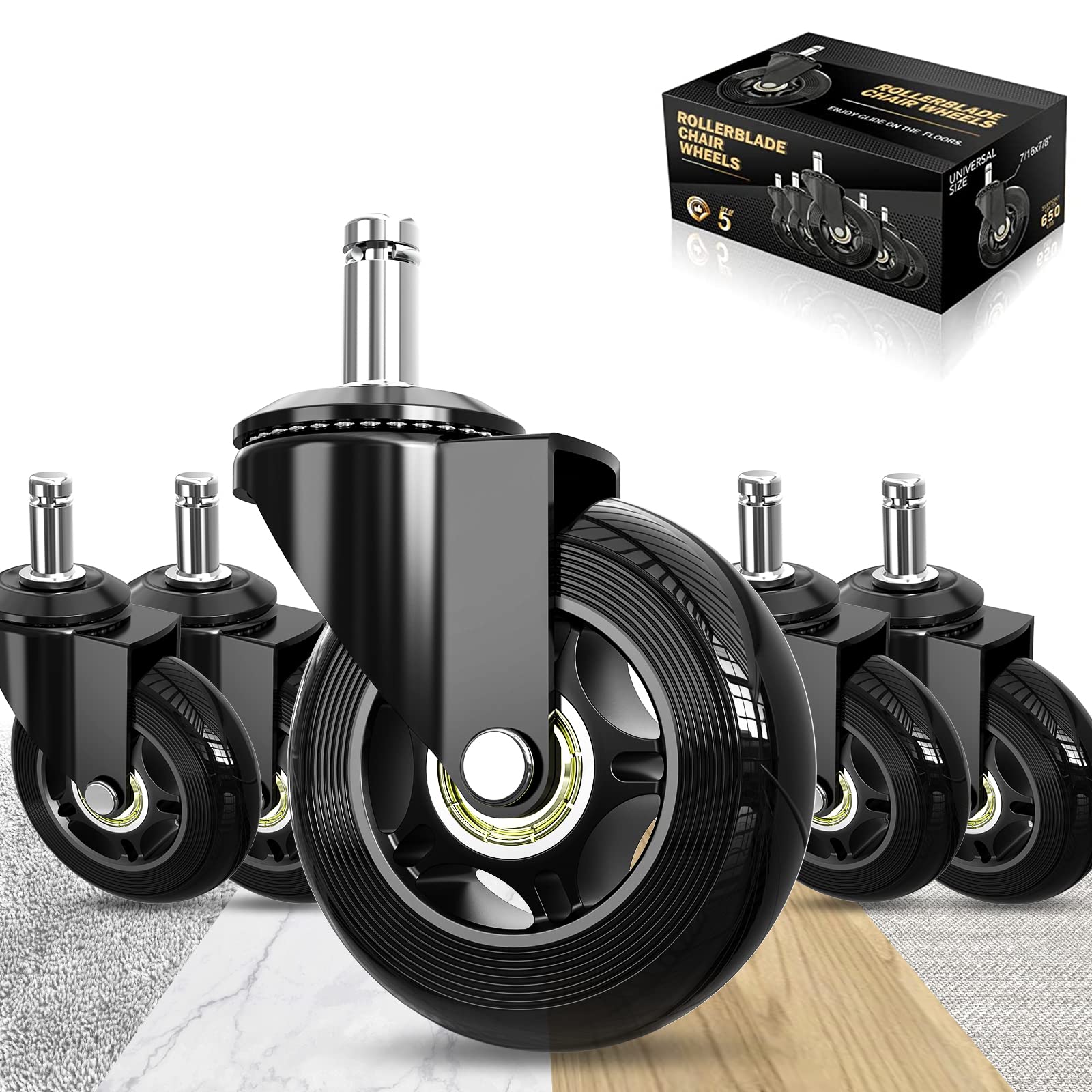 Soontrans 5-Pack Heavy Duty Rollerblade Caster Wheels for Office & Gaming Chairs - Universal Replacement Wheels for Carpet & Hardwood Floors - Ergonomic Computer Chair Accessories for Home & Office Workspaces