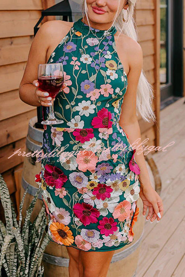 Floral Applique Halter Mini Dress - Elegant Summer Party Dress for Women | Perfect for Weddings, Beach Vacations & Date Nights