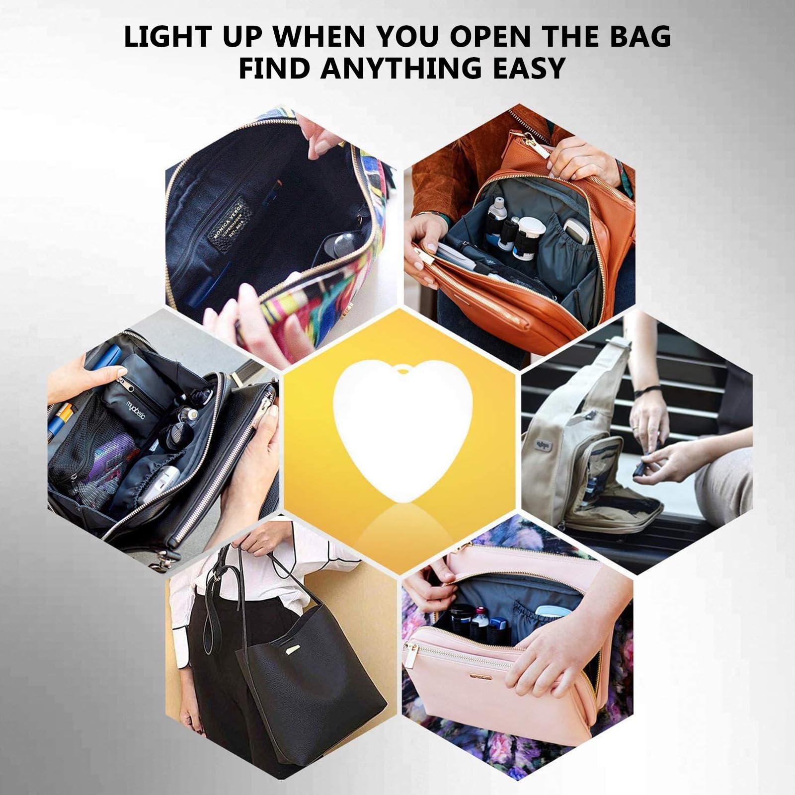 Mobestech 2 Pcs White Purse LED Lights - Touch Handbag Lights with Automatic Sensor, Clip On Motion Heart Lights for Women, Ladies, Girls - Perfect for Evening Events, Parties & Gift Giving