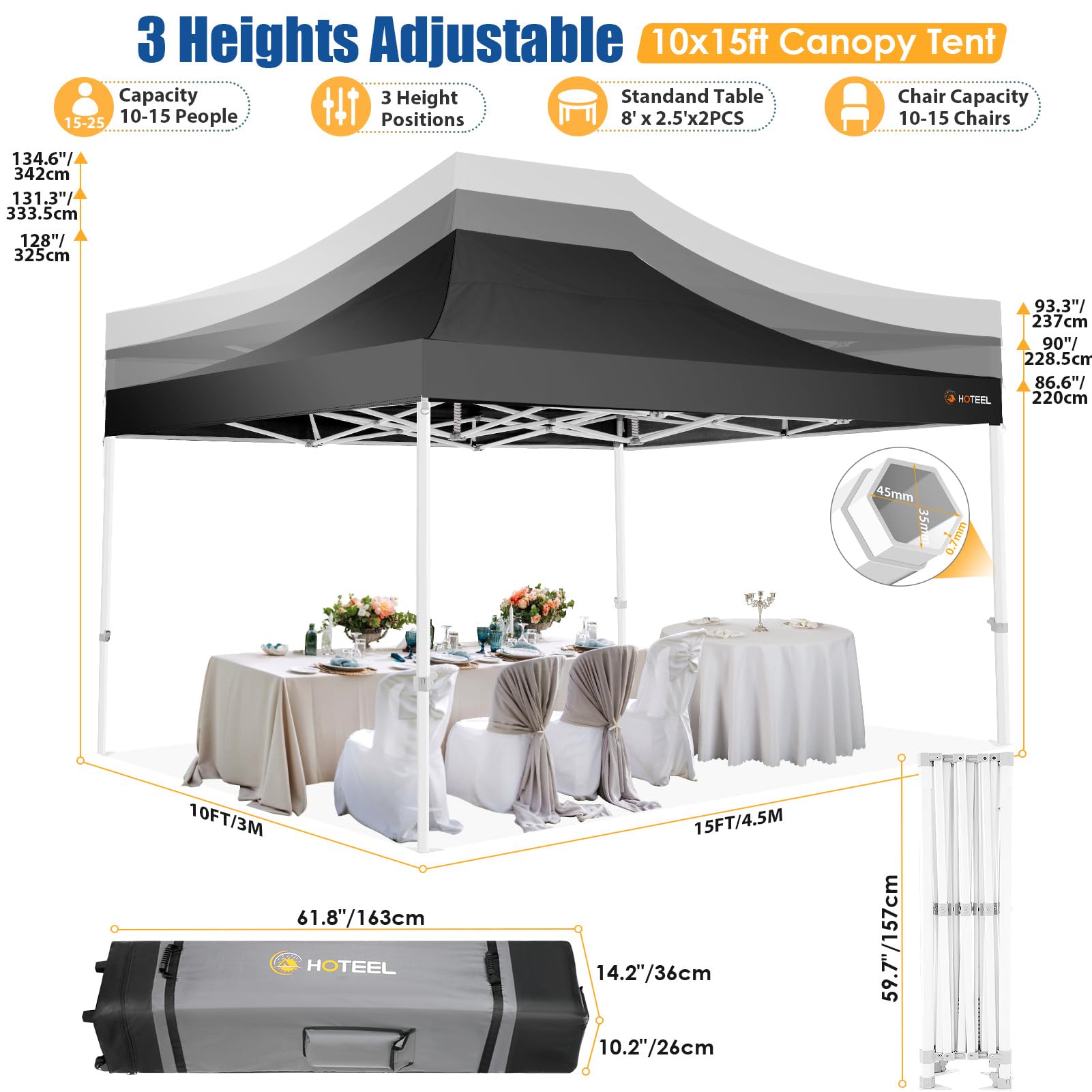 HOTEEL 10x15 Heavy Duty Pop Up Canopy Tent - Easy Setup Commercial Gazebo with 4 Sidewalls, Roller Bag & Sand Bags - Hexagonal Frame for Outdoor Weddings, Parties, Events & Camping (Black)
