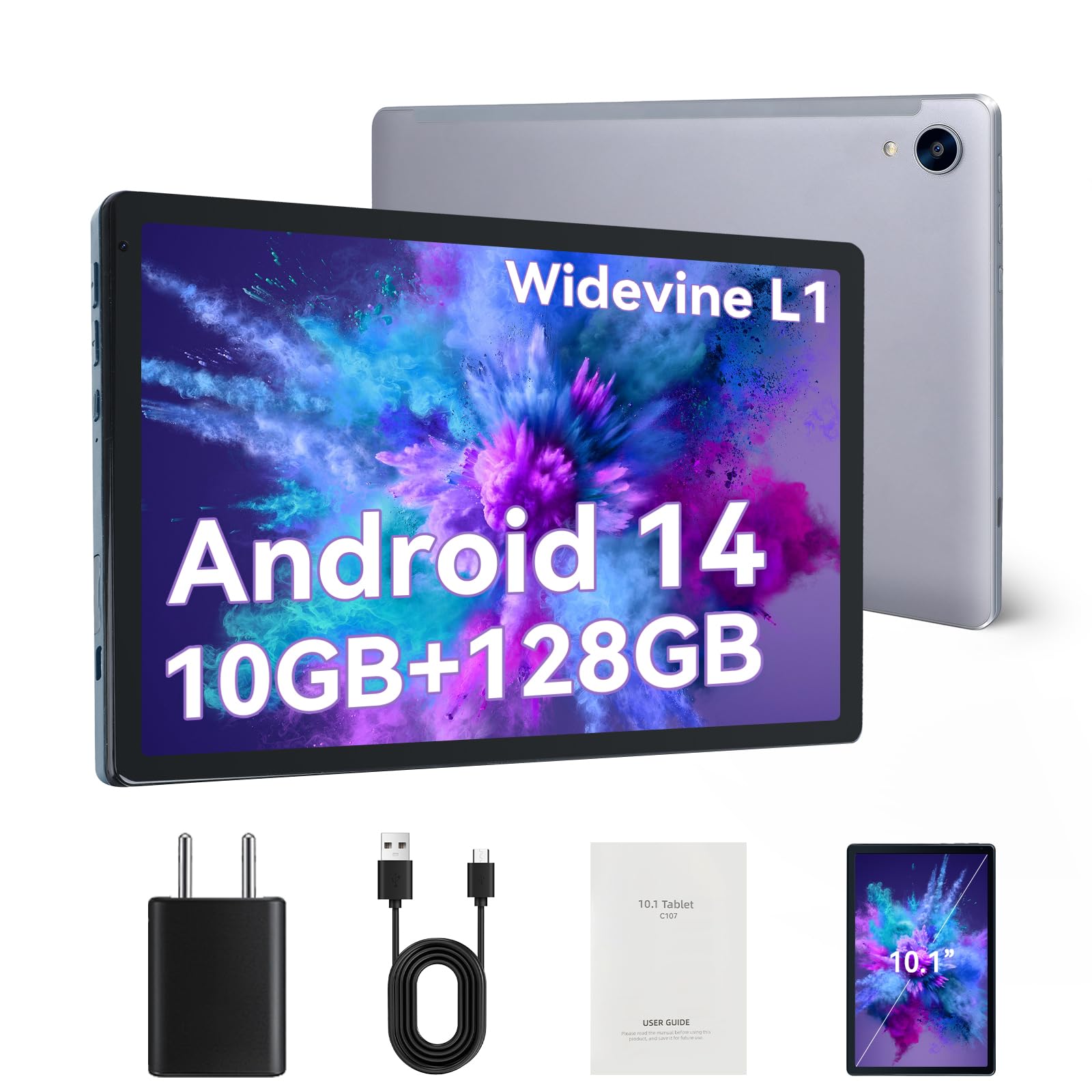 HiGrace 10 inch Android 14 Tablet with Octa Core Processor, 10GB RAM 128GB Storage (Expandable to 1TB), HD IPS Display, Wi-Fi 6, Dual Camera & 5000mAh Battery - Gray - Perfect for Work, Study, Entertainment & Travel