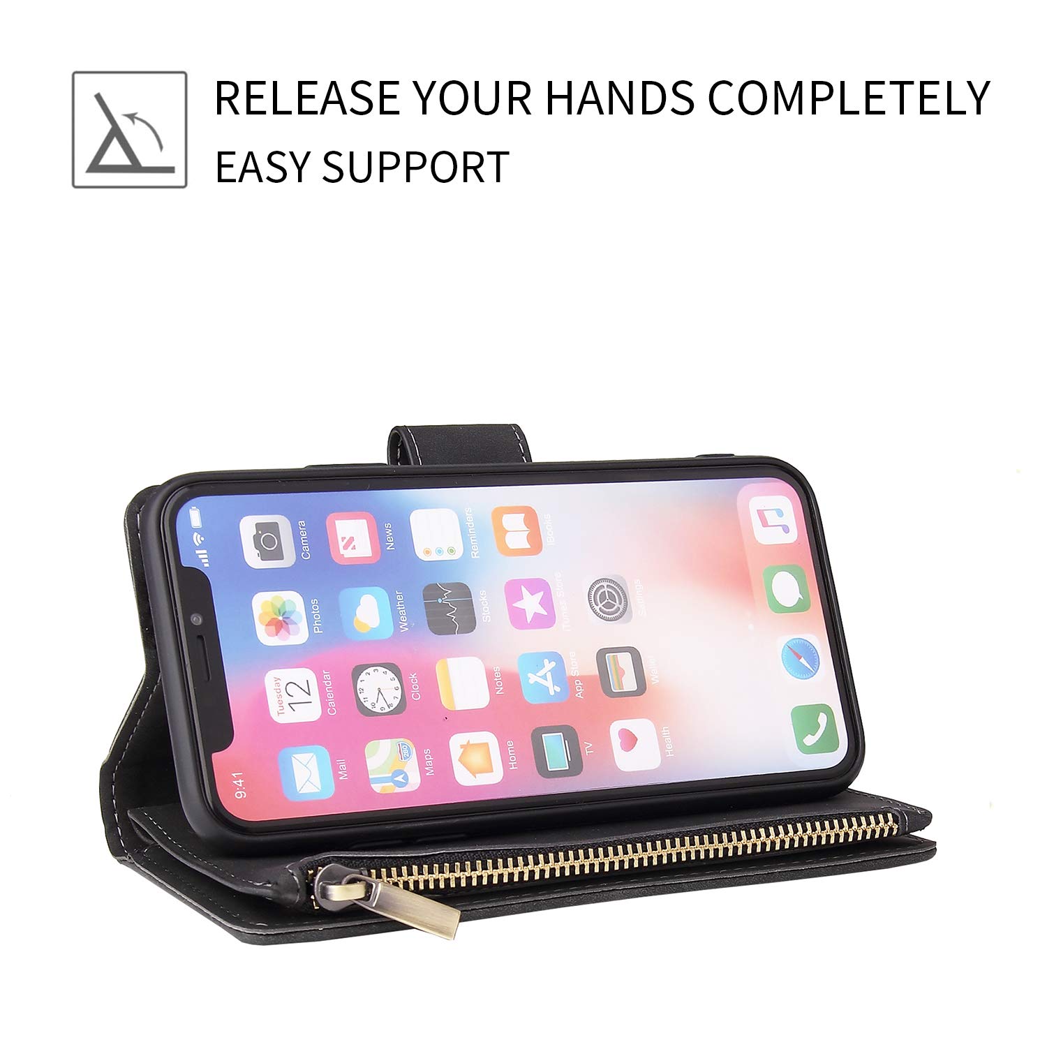 Premium Vintage PU Leather Wallet Case for iPhone X/Xs - Shockproof Flip Folio with Zipper Pocket, Card Slots, Magnetic Closure & Kickstand (Black) | Perfect for Daily Use, Travel & Hands-Free Viewing