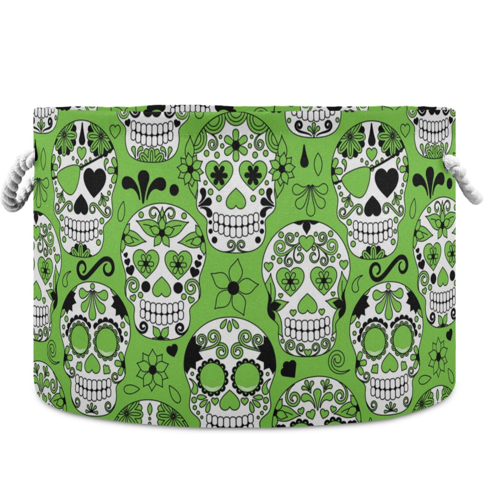 Visesunny Green Sugar Skull Canvas Storage Basket - Nursery Hamper, Toy Organizer Bin, Laundry Basket for Kids Room, Playroom, Shelves - Perfect for Organizing Toys, Clothes & Gifts