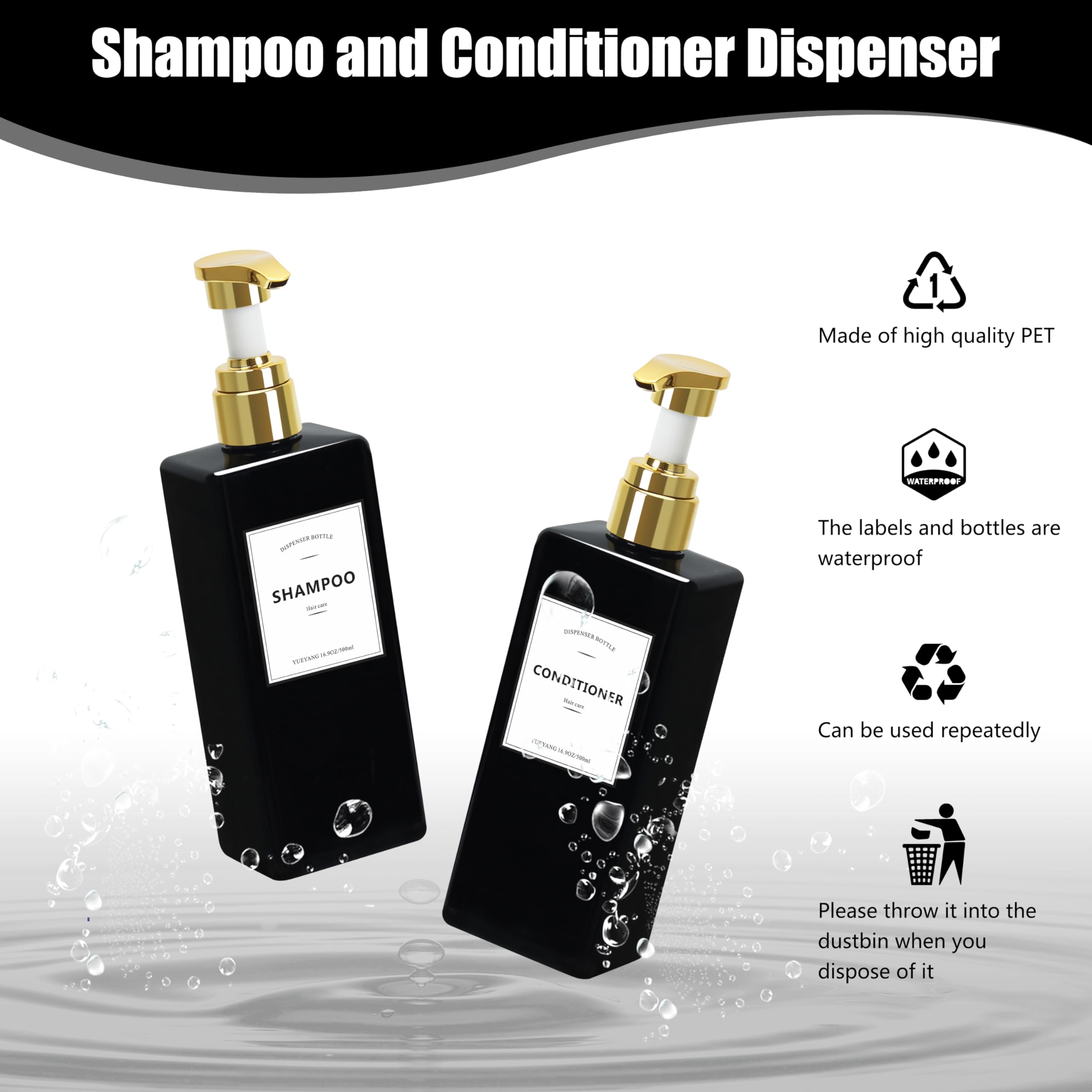 16.9OZ Refillable Black Shower Bottles with Gold Pump - Pack of 3 Empty Plastic Dispensers for Body Wash & Oil | Luxury Bathroom Organizer for Spa, Hotel, or Home Use