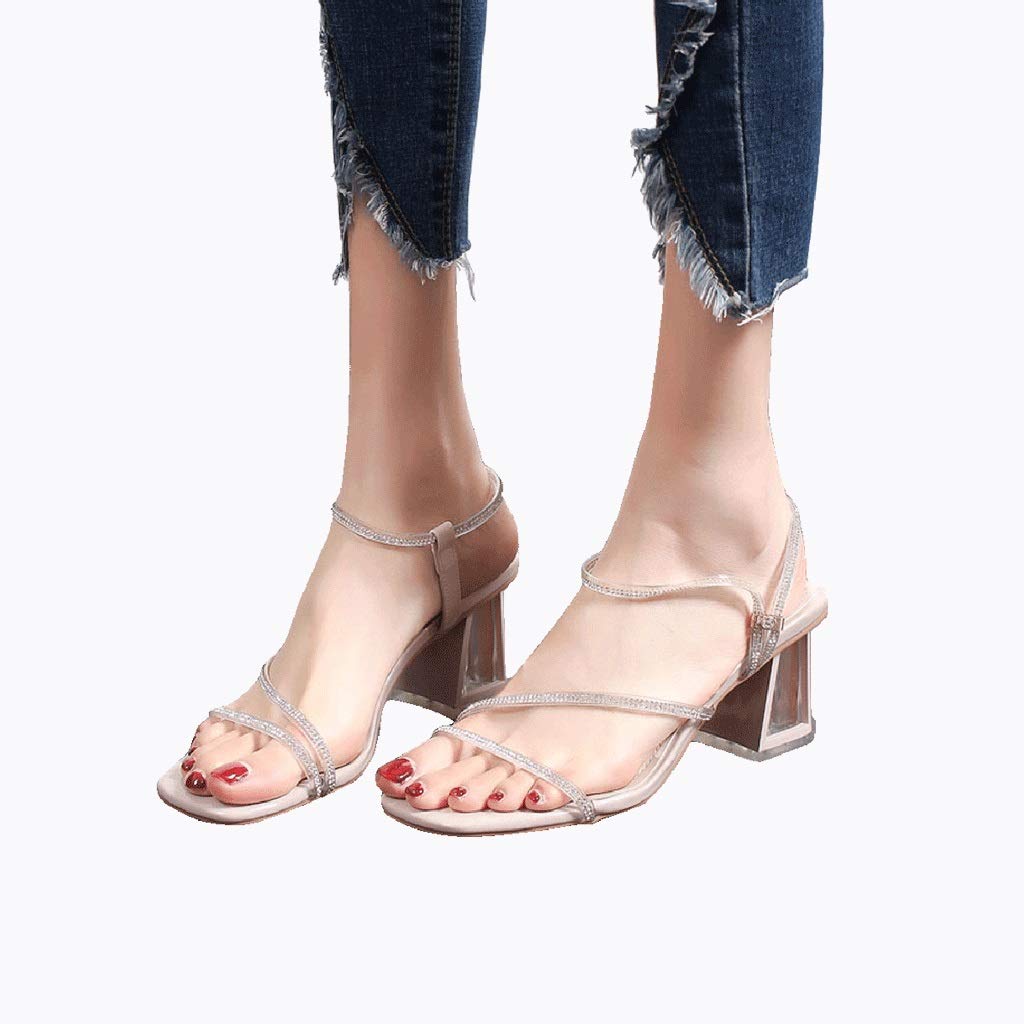 Women's Fashion Chunky Heel Sandals - Open Toe High Heels with Crystal Details | Elegant Mid Heel Slippers for Parties, Weddings & Summer Outfits | Size 39, Off-White