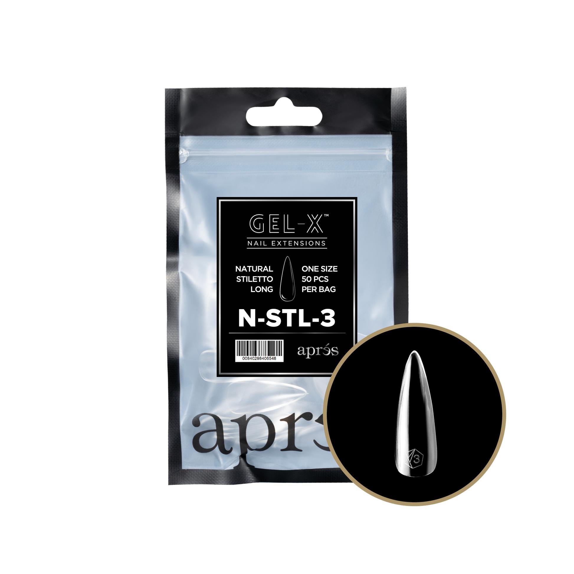 Apres Gel X 2.0 Refill Bags - Natural Stiletto Long Nails Size 3 (50 Pcs) | Professional Salon Quality DIY Nail Extensions for Home & Party Use