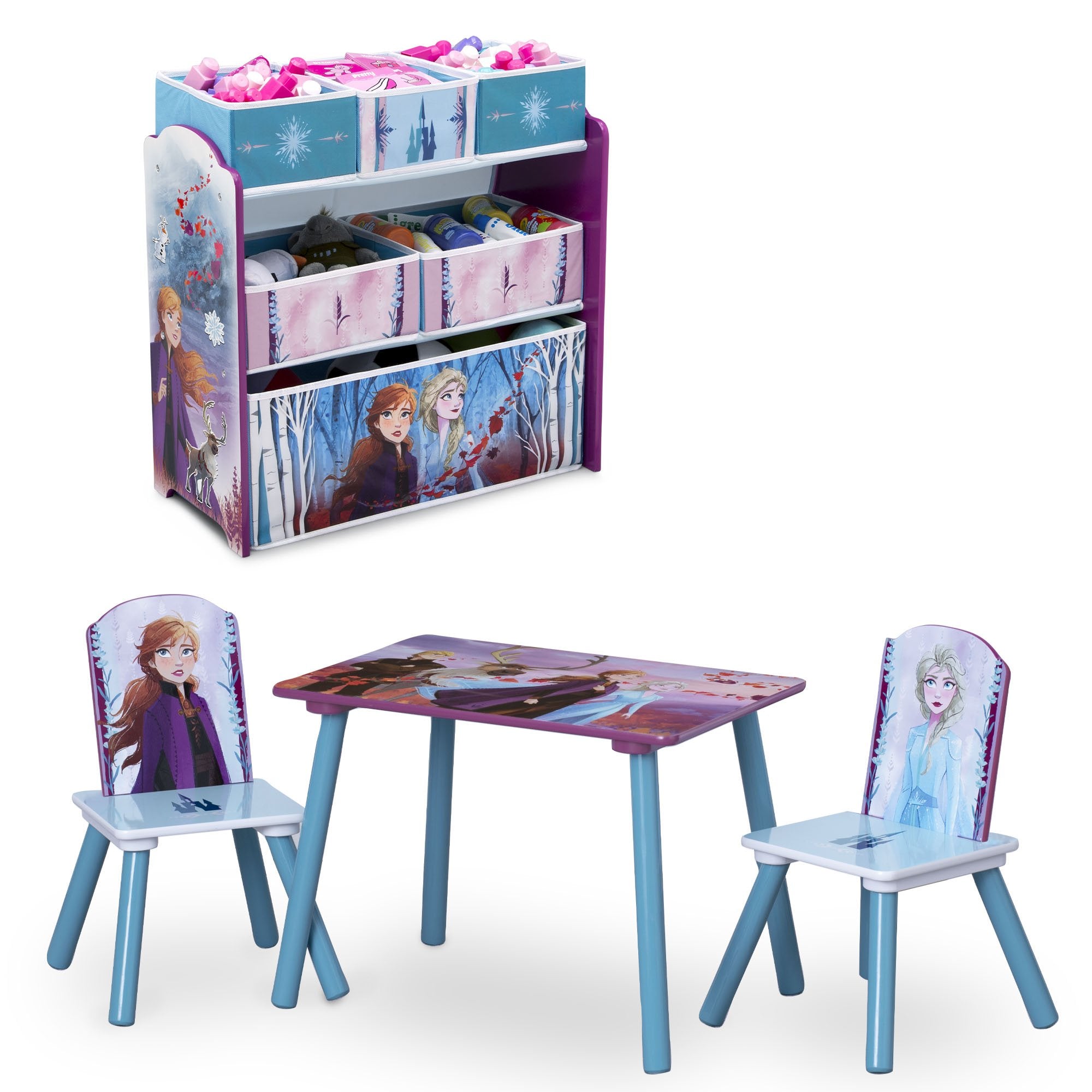Disney Frozen II Kids Playroom Set - 4 Piece Table & Chairs with 6-Bin Toy Storage Organizer for Children's Bedroom & Play Area