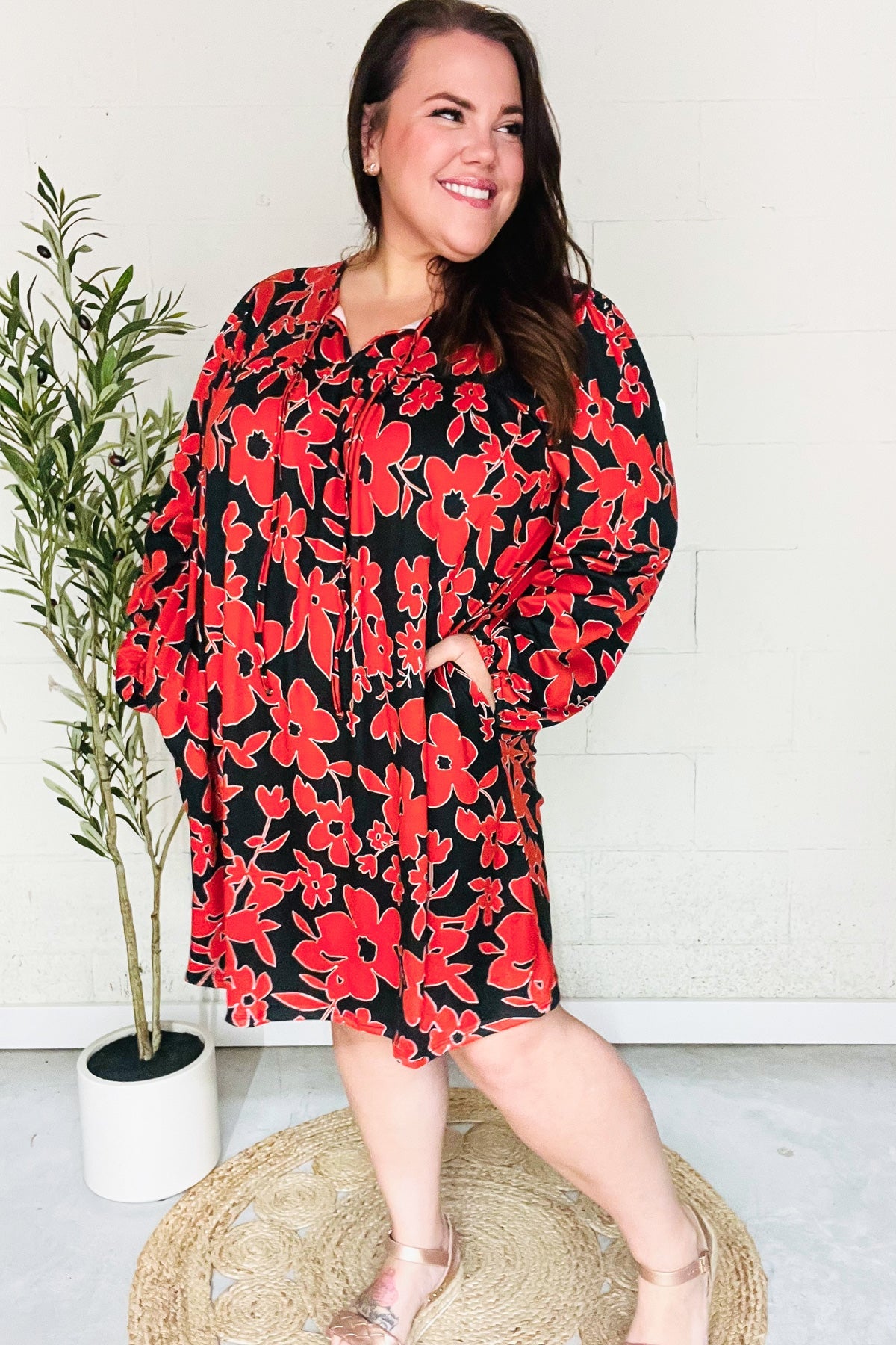 Boldly You Rust & Black Floral Print Front Tie Dress - Elegant Women's Midi Dress for Parties, Dates & Special Occasions