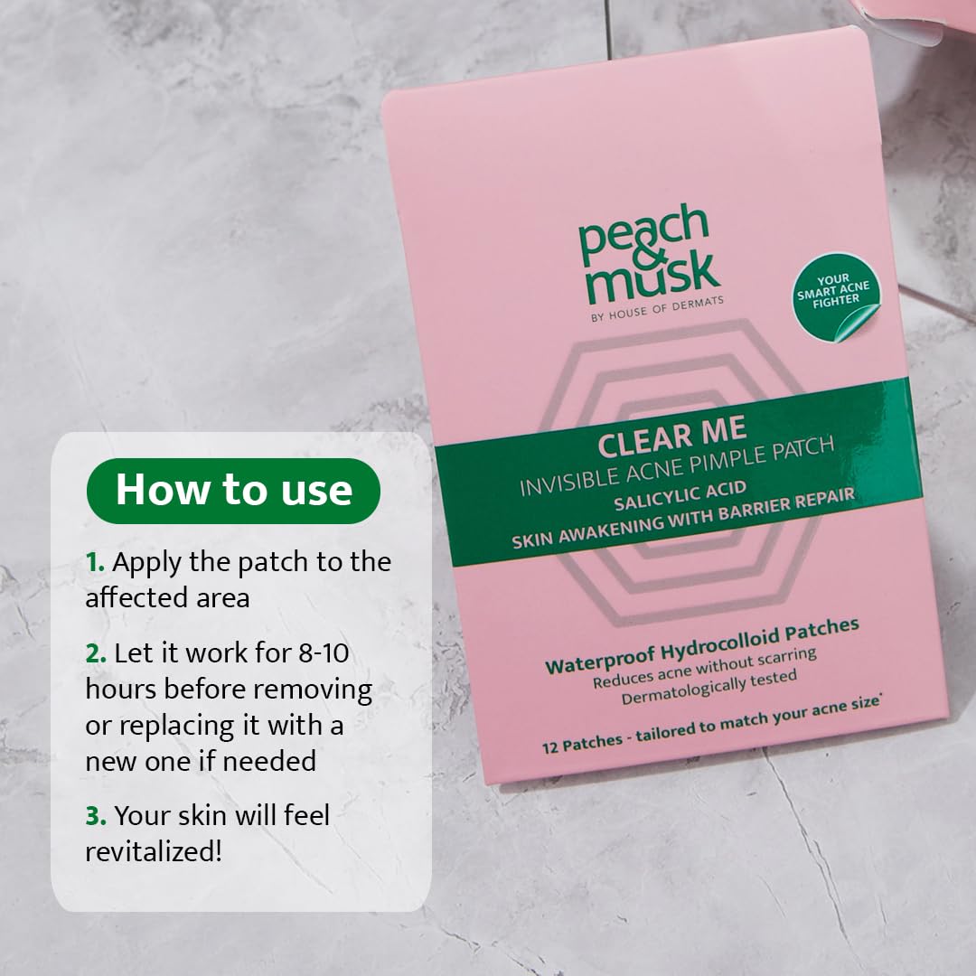 Peach and Musk Clear Me Invisible Acne Pimple Patch - Hydrocolloid Acne Treatment with Salicylic Acid for Active Breakouts | Overnight Pimple Absorbing, Oil Control & Waterproof | Dermatologist Tested (12 Patches) - Perfect for Travel, Work & Daily Skincare Routine