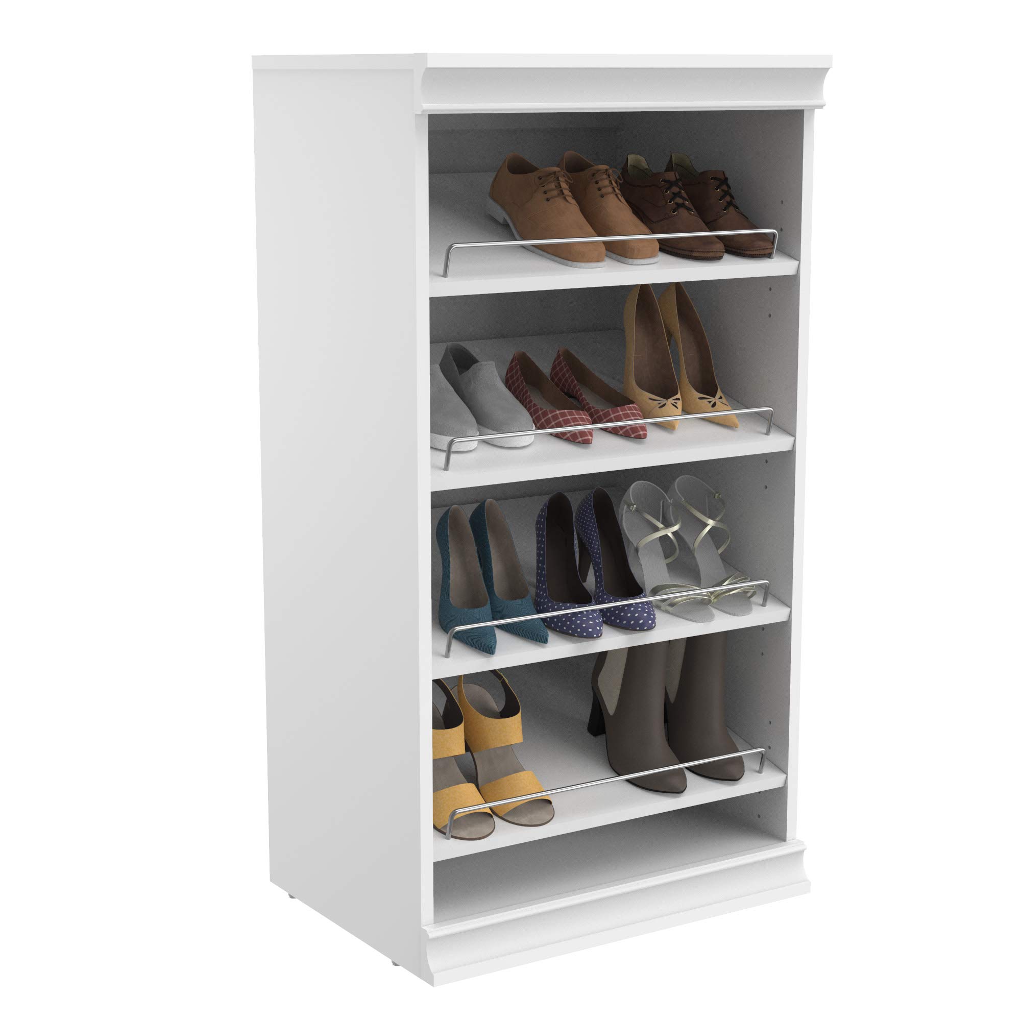 ClosetMaid Modular Storage Angled Shelves - Adjustable Wood Closet Organizer with Stackable Design, Full Backer & Decorative Trim - White Shoe Shelf Unit for Bedroom, Closet, Entryway Organization