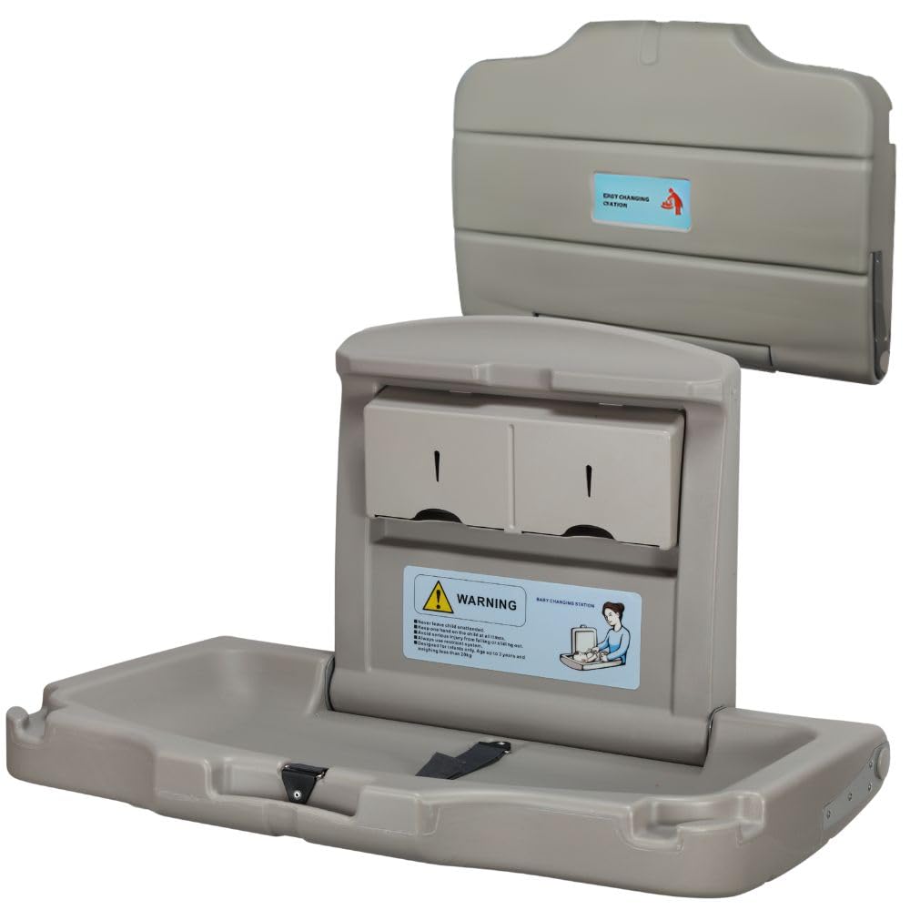 Wall Mounted Folding Baby Changing Station - Commercial Grade Diaper Changing Table for Public Restrooms & Daycare Centers - Space Saving Grey Changing Unit for Baby Care & Parenting Convenience