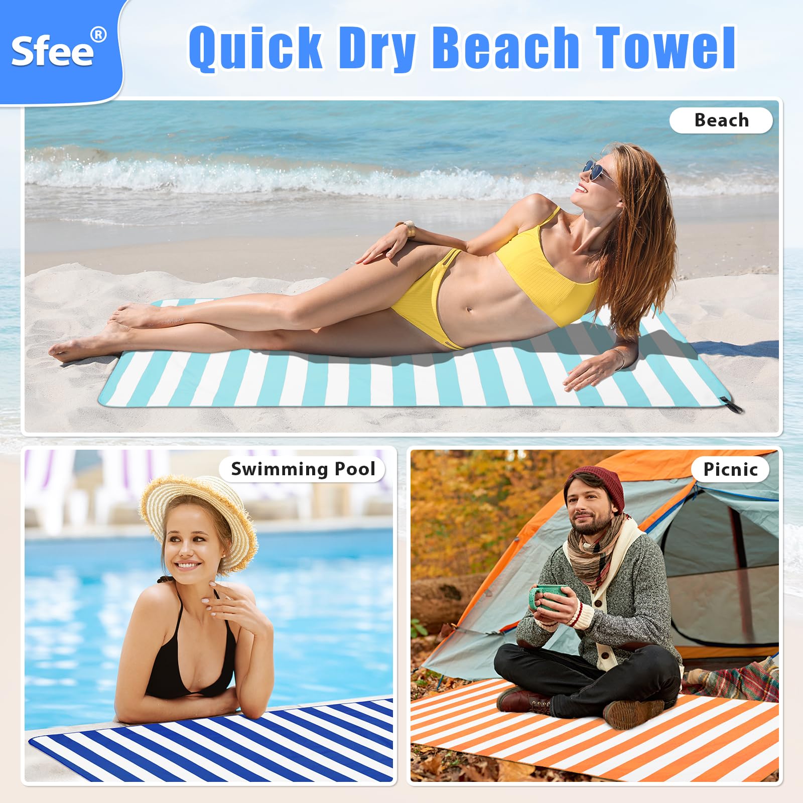 Sfee 2 in 1 Microfiber Beach Towel - Quick Dry, Super Absorbent & Lightweight Camping Travel Towel for Gym, Hiking, Pool, Yoga | Perfect for Outdoor Adventures, Sports & Travel Accessories