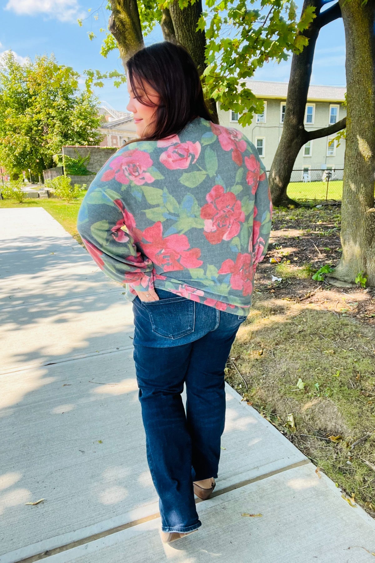 Everyday Hunter Green Floral Brushed Hacci Sweater Top for Women - Cozy Casual Knit Pullover for Fall & Winter Outfits | Perfect for Office, Dates & Weekend Wear