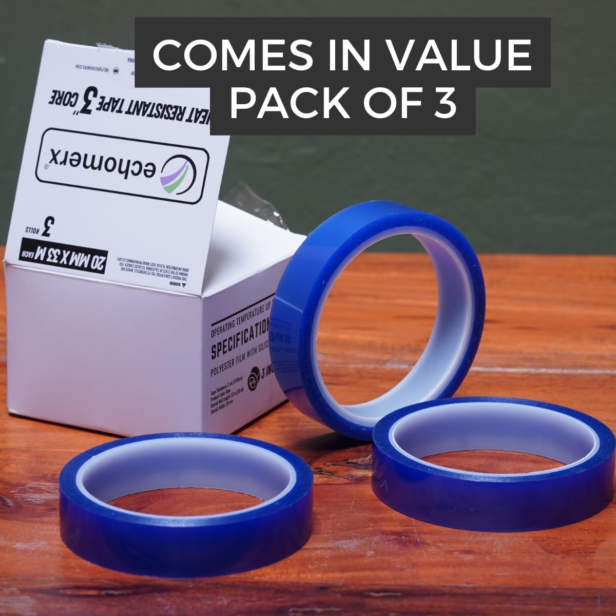 Echomerx Heat Resistant Tape - 20mm x 33m (108ft) Blue No Residue Adhesive for Sublimation, Crafts & Heat Press - 3 Pack | Perfect for T-Shirt Printing, DIY Projects & HTV Vinyl Applications