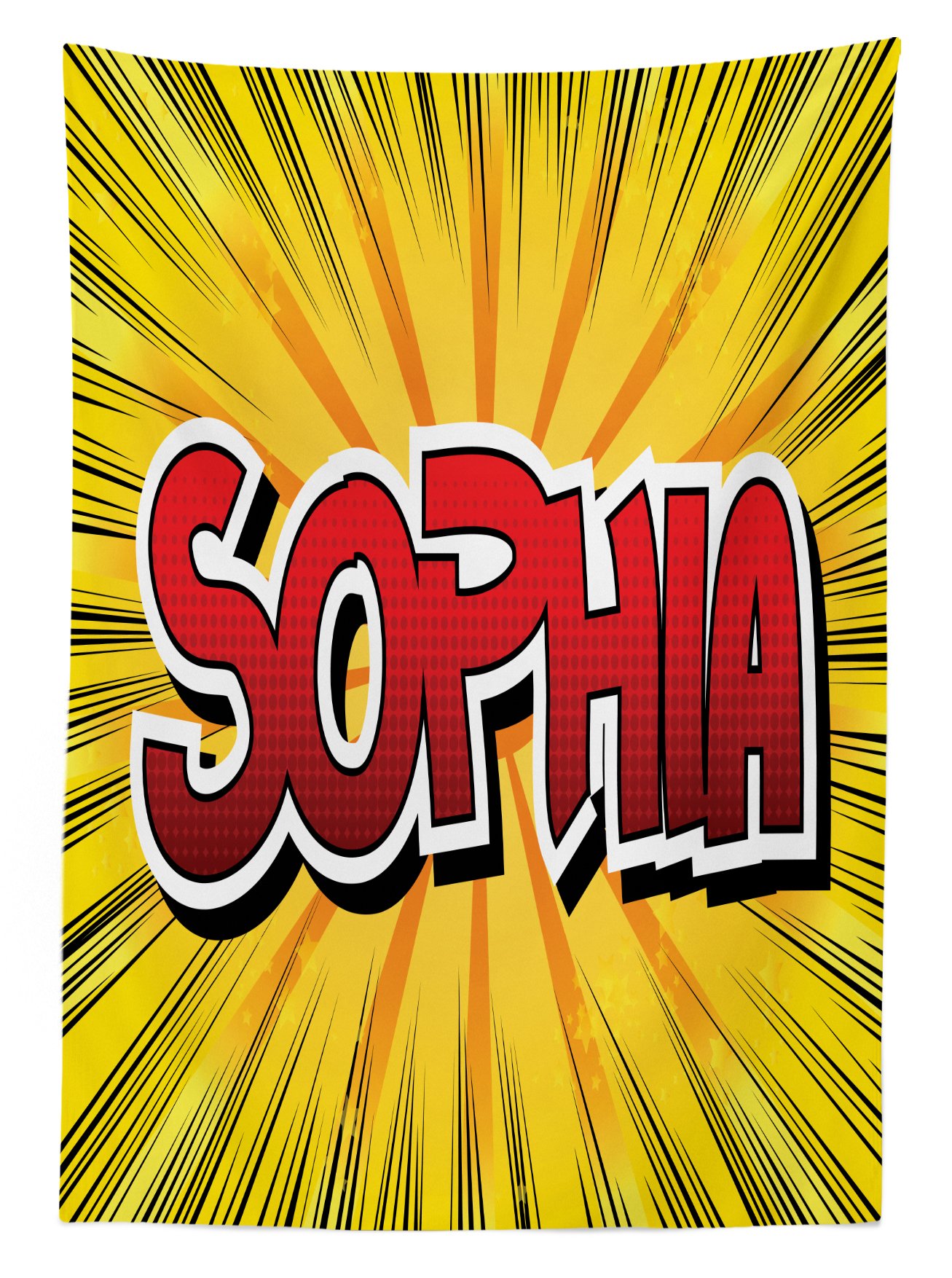 Ambesonne Sophia Waterproof Outdoor Tablecloth - Retro Comic Design with Popular Western Girls' Names - Washable Picnic Table Cover 58x84 Inches in Yellow Red & Black - Perfect for BBQs, Garden Parties & Outdoor Dining