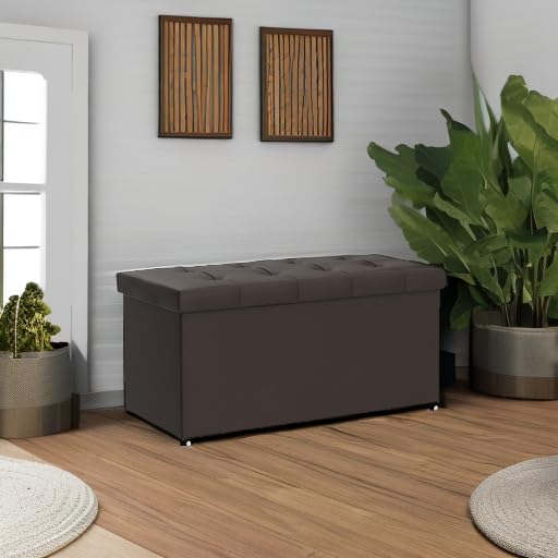 Edenbrook 30 Inch Rectangle Storage Ottoman with Buttonless Tufted Design - Sturdy Foot Rest Bench Holds 330 lbs - Brown Faux Leather for Living Room, Bedroom & Home Decor
