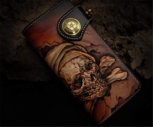 Handcrafted 3D Genuine Leather Biker Wallet for Men - Custom Engraved & Hand-Painted Long Wallet with Skull Design - Perfect for Motorcycle Riders, Truckers & Gift Giving