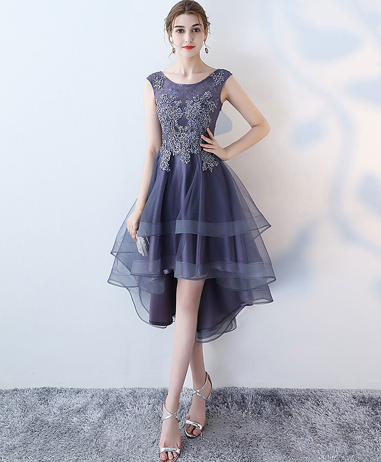 Elegant Purple Round Neck Lace Tulle High-Low Prom Dress for Homecoming, Evening Party & Special Occasions