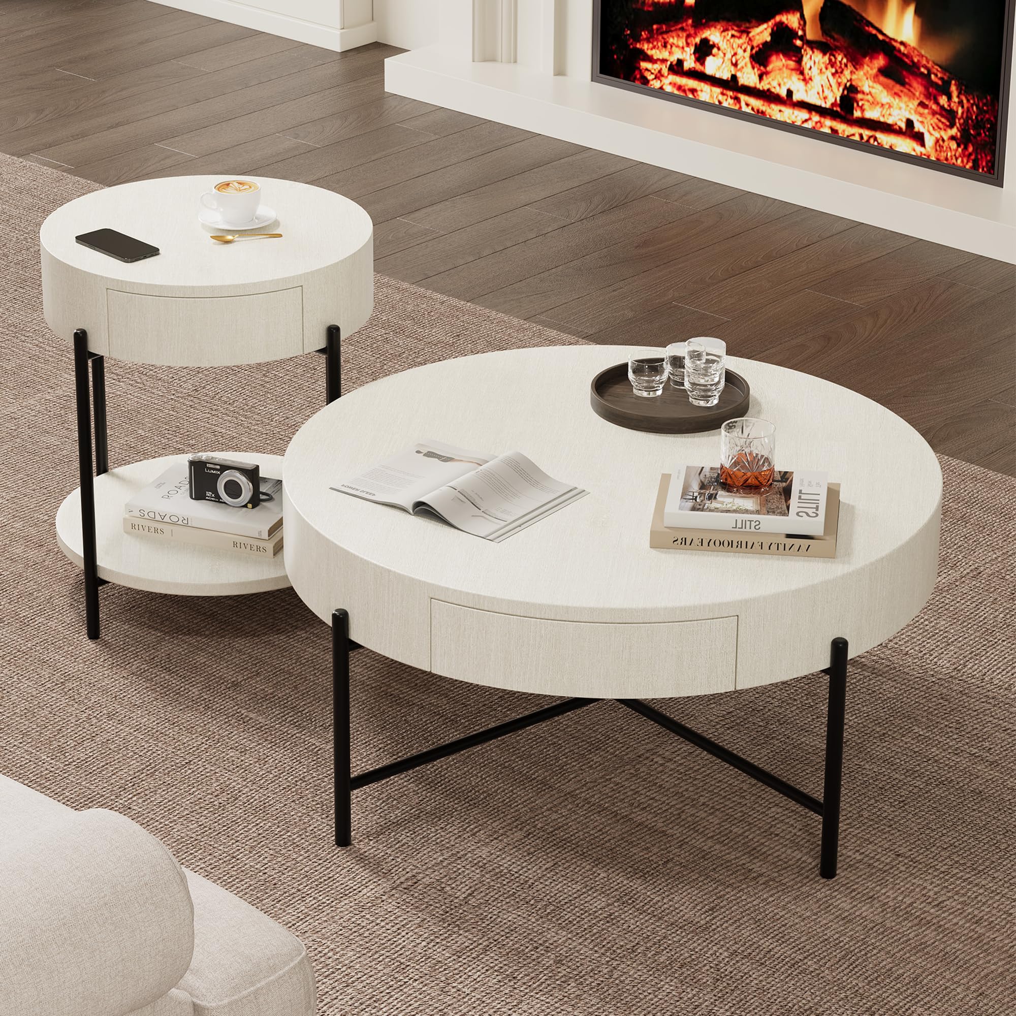Farmhouse Round Coffee Table with Drawers - Natural Wood Accent Center Table with Storage for Living Room | Rustic Home Decor, Cozy Living Space Essential