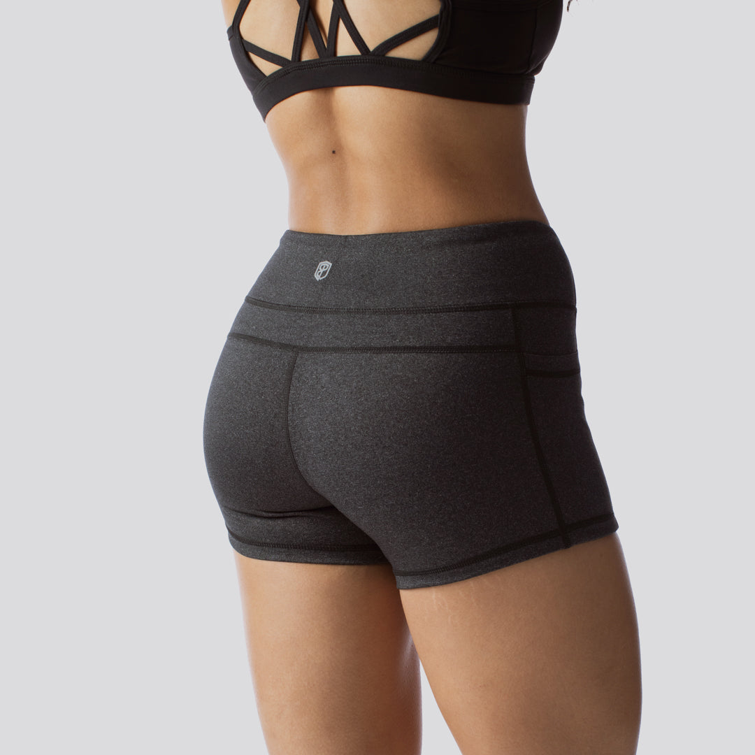 Rise & Grind Booty Shorts for Women - High Waisted Workout Shorts (Heather Grey) | Gym, Yoga, Running & Casual Wear