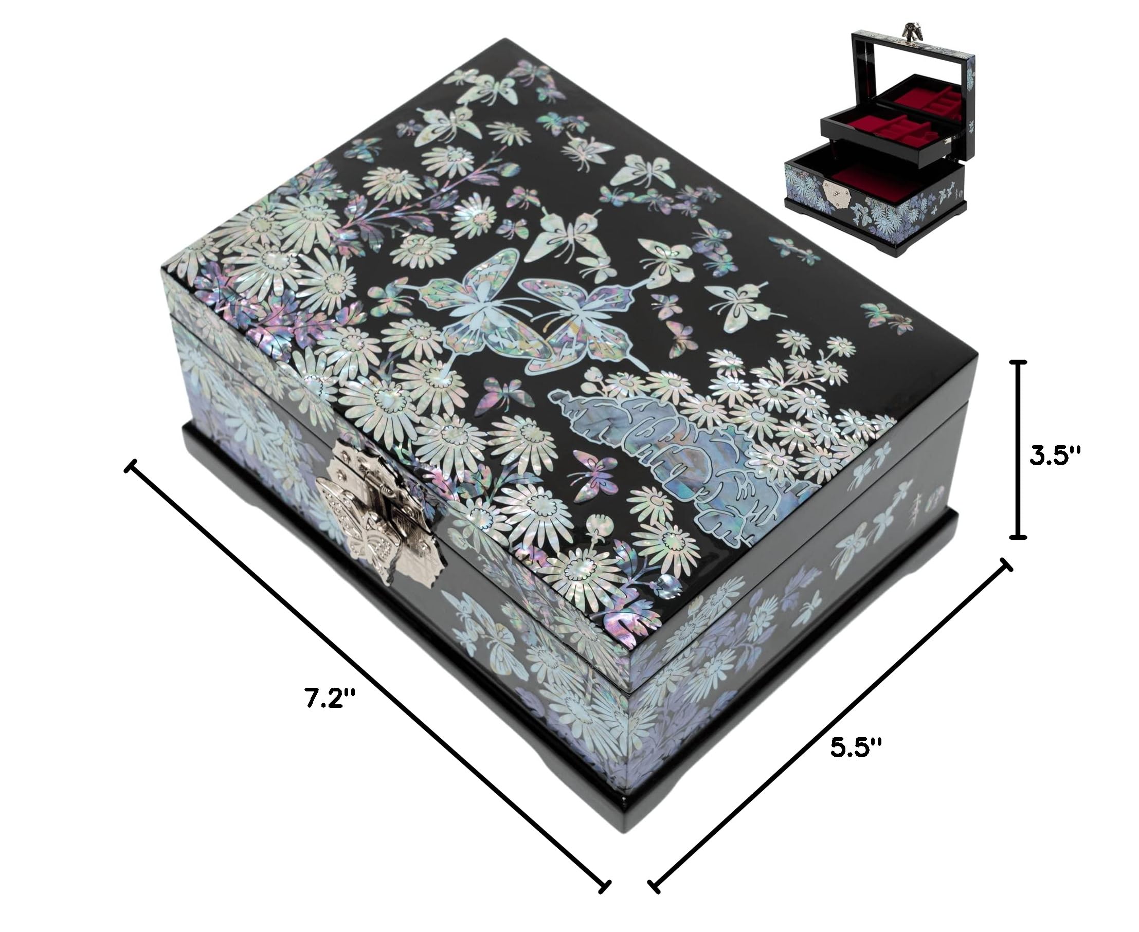 February Mountain Mother of Pearl Jewelry Box - 2 Layer Jewelry Organizer for Earrings, Rings, Necklaces, Bracelets & Watches | Perfect Gift for Women, Birthday, Anniversary, Valentine's Day (Siberian Chrysanthemum with Butterflies Design) | Elegant Storage for Dresser, Vanity or Travel