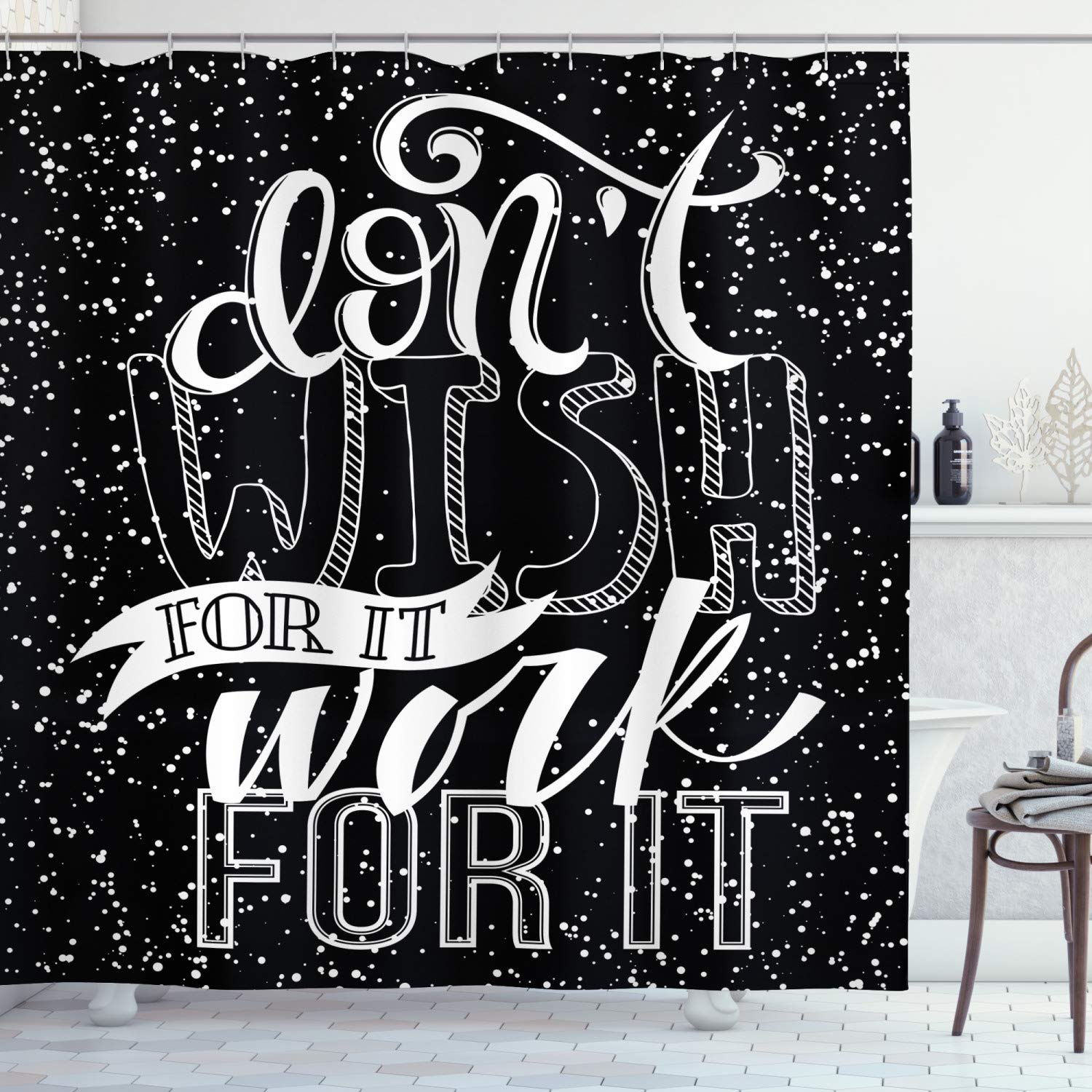 Ambesonne Motivational Shower Curtain - 'Do Not Wish for It Work for It' Inspirational Quote with Polka Dots Design, 69x70 Inch Grey & White Fabric Bathroom Decor Set with Hooks - Perfect for Modern Bathrooms, Dorm Rooms & Spa Retreats