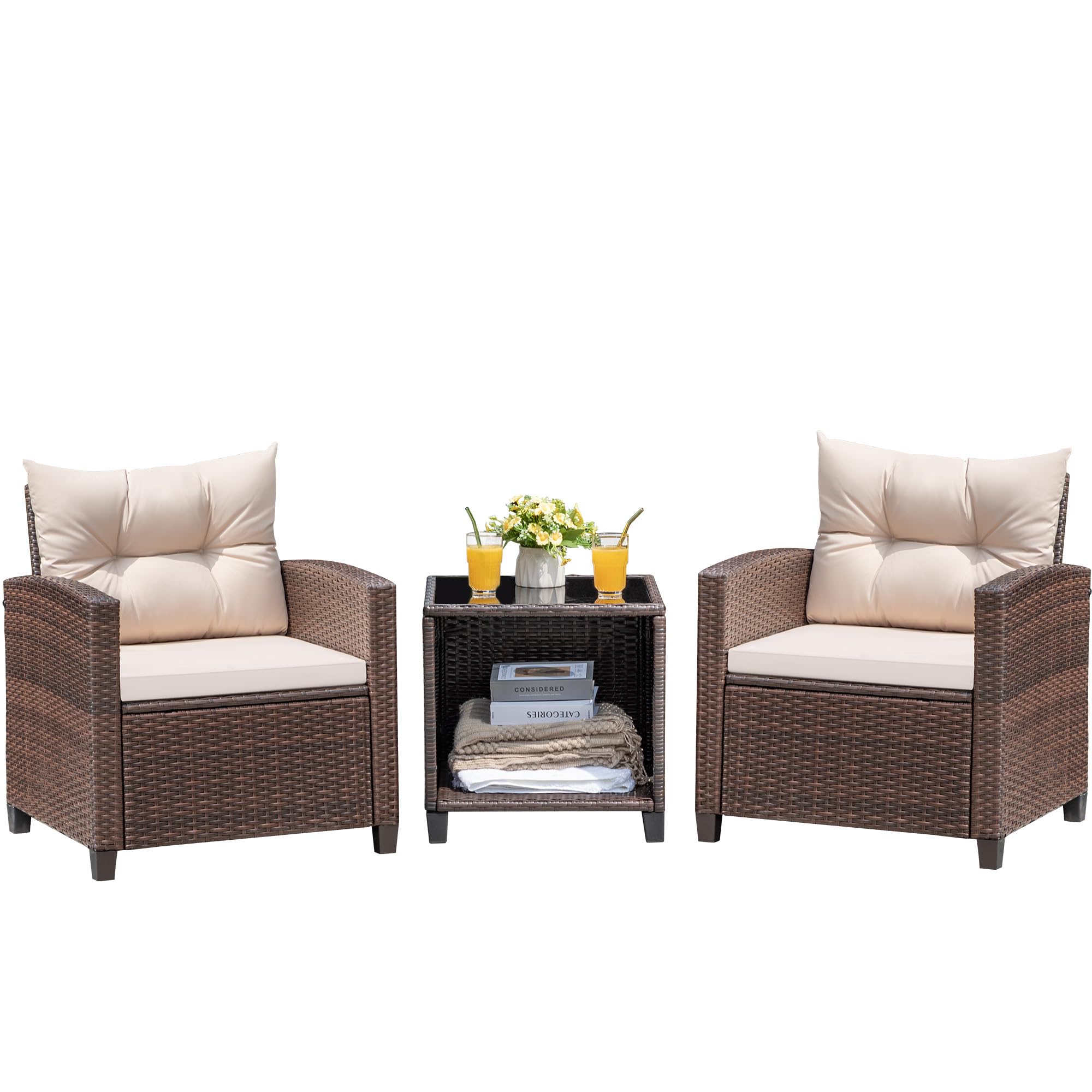 Devoko 3-Piece PE Rattan Wicker Patio Furniture Set with 2 Outdoor Chairs & Table - Durable Garden, Poolside, Balcony, Porch Furniture for Relaxing & Entertaining