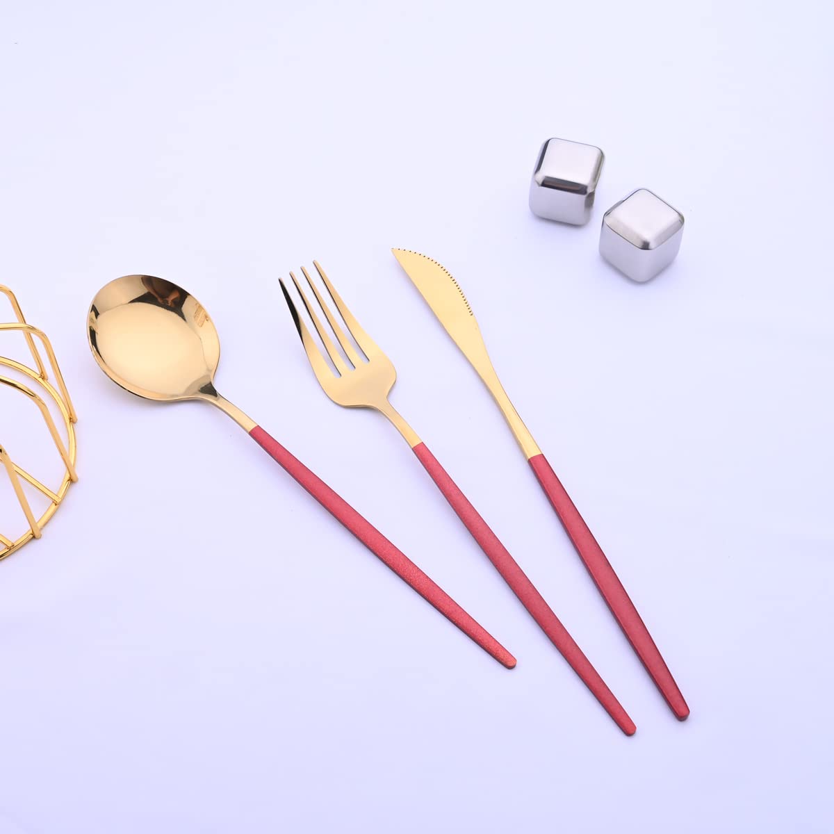 Premium 18/10 Stainless Steel Steak Knife Set - 6-Piece Mirror Finish Flatware with Red Gold Handle (8.66