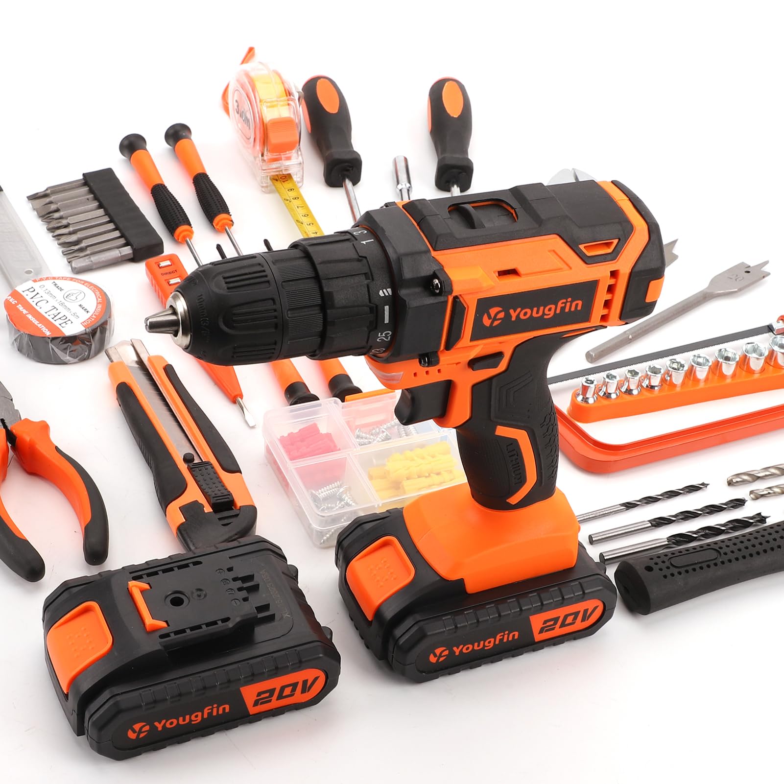 Yougfin 20V Cordless Drill Set Combo Kit - 114 Piece Power Tool Kit with 2 Batteries & Charger, Household Hand Tools for Men - Perfect for Home Office Repairs, DIY Projects & Improvement Tasks