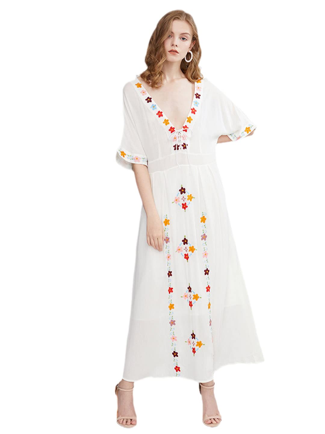 Bohemian Summer Beach Dress - Floral Embroidery Long Maxi Dress for Women | Vacation, Seaside, Travel & Festival Outfit | Perfect for Beach Parties, Tropical Getaways and Boho Fashion Lovers