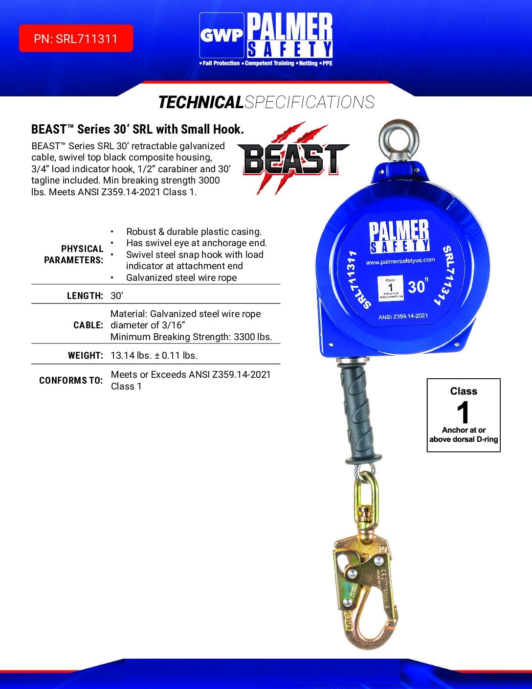 Palmer Safety SRD 30 FT Self Retracting Lifeline - ANSI Z359.14-2021 Class 1 Certified SRL Device with Swivel Top Galvanized Cable & Small Steel Snap Hook - Fall Arrest Safety Equipment for Construction, Roofing & Industrial Work