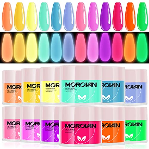 Morovan Dip Powder Nail Kit - 12 Glow in Dark Colors for French Manicure, No UV Lamp Needed | DIY Nail Art Starter Set for Home & Salon Use