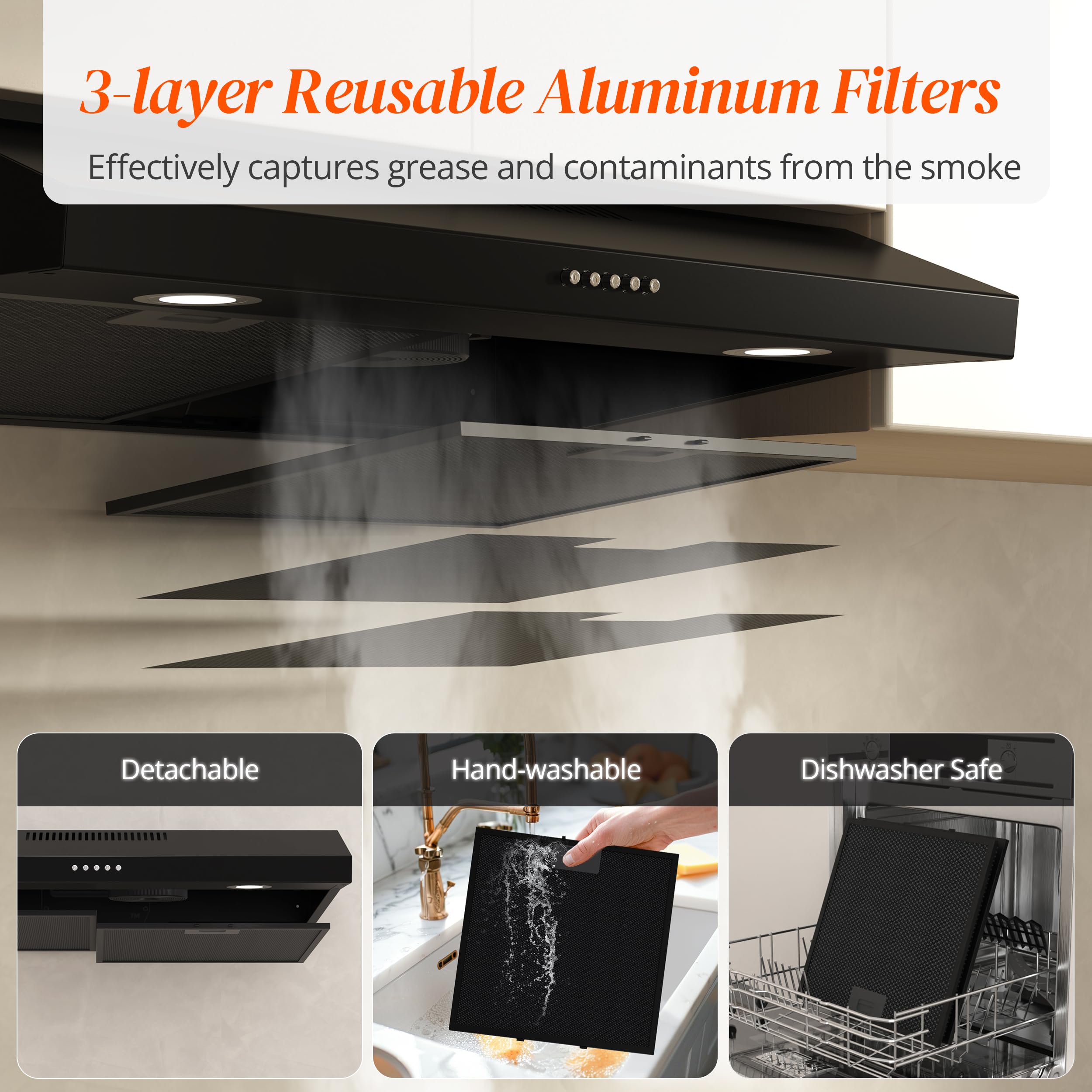 FIREGAS 30 Inch Black Under Cabinet Range Hood - 300 CFM Convertible Ducted/Ductless Kitchen Exhaust Fan with 3-Speed Brushless DC Motor & LED Lights - Perfect for Modern Kitchens, Apartments, and Small Spaces